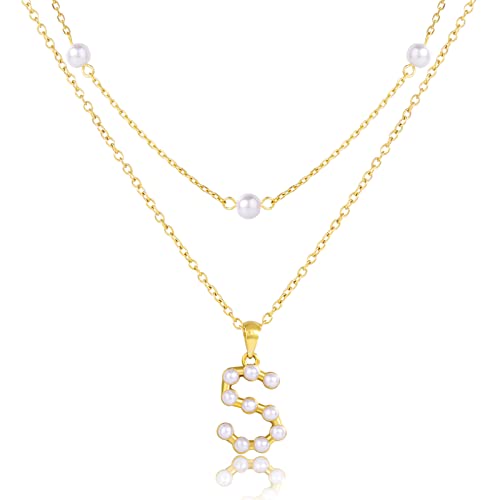 14K Gold Pearl Initial Necklace for Women & Girls - Trendy Dainty Letter Necklace, Cute Layered Link Chain Jewelry Gift for Teens - Perfect for Birthdays, Anniversaries & Everyday Wear