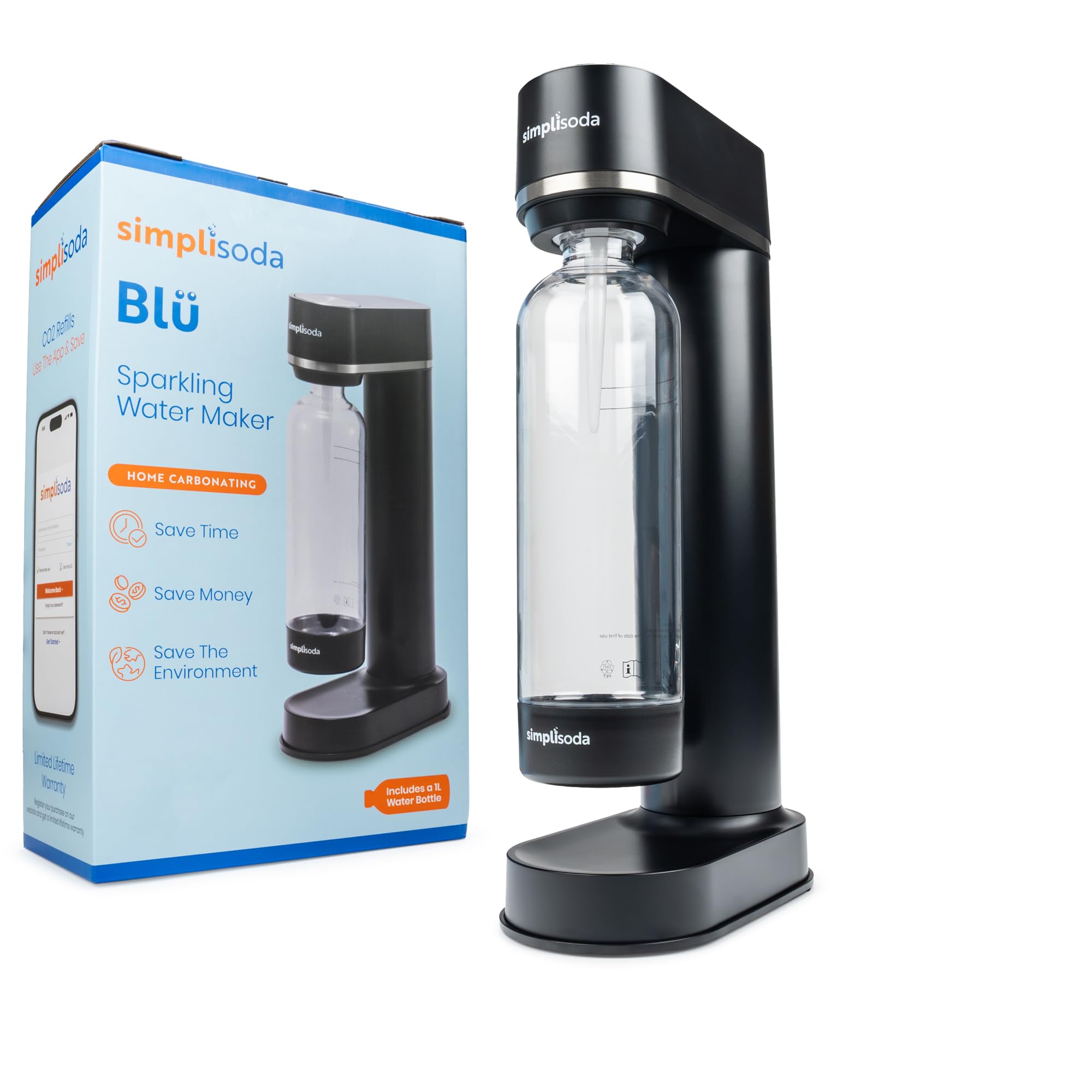 BLÜ Sparkling Water Maker Machine - Premium Home Carbonated Water & Soda Stream System for Healthy Drinks - DIY Sparkling Water, Soda, Cocktails (Black) | Kitchen, Office, Party Use