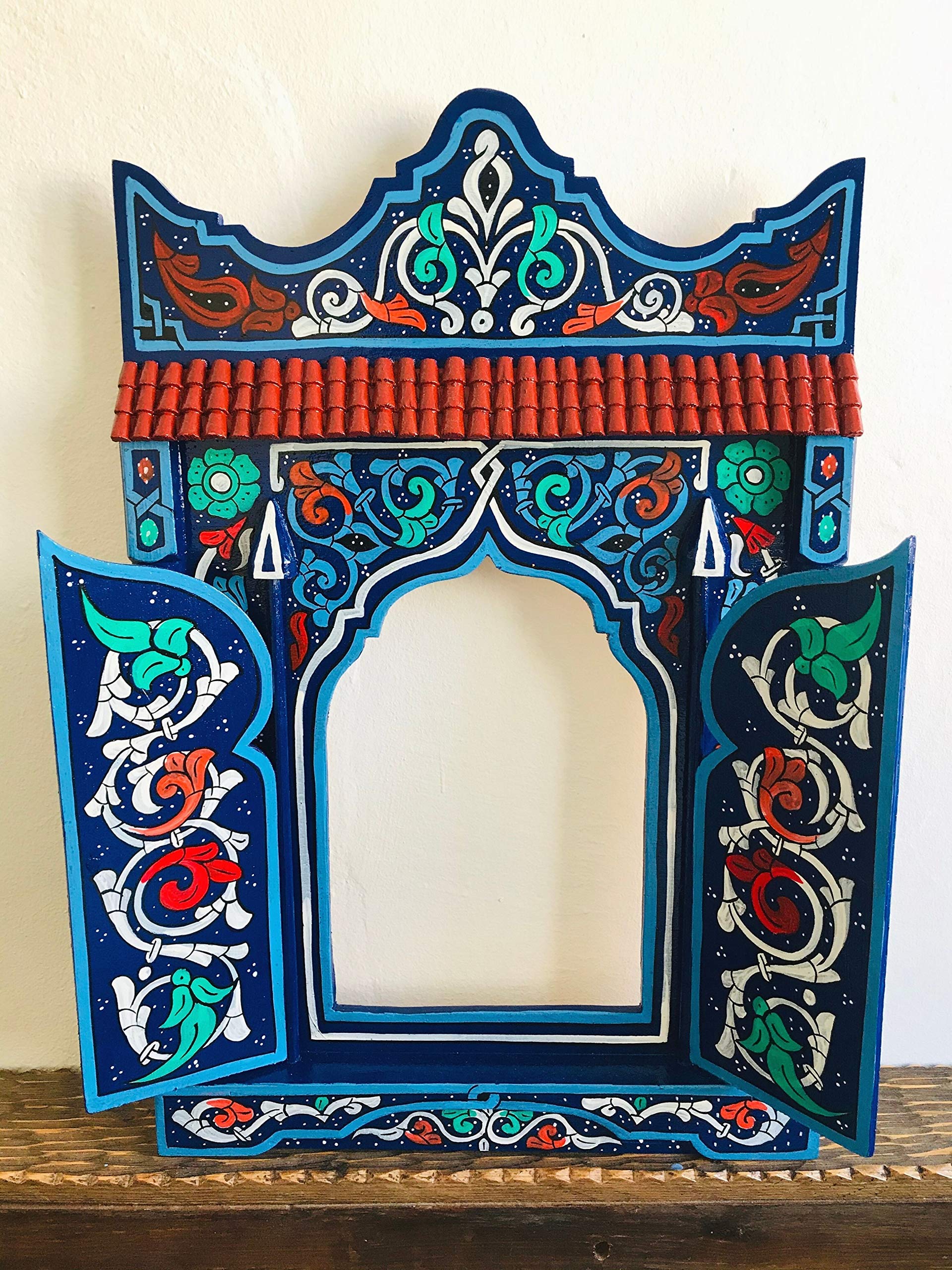 Hand-Painted Moroccan Wooden Shelf & Rustic Red Hanging Mirror Frame - Farmhouse Wall Art Decor for Living Room, Bedroom & Entryway (Blue)