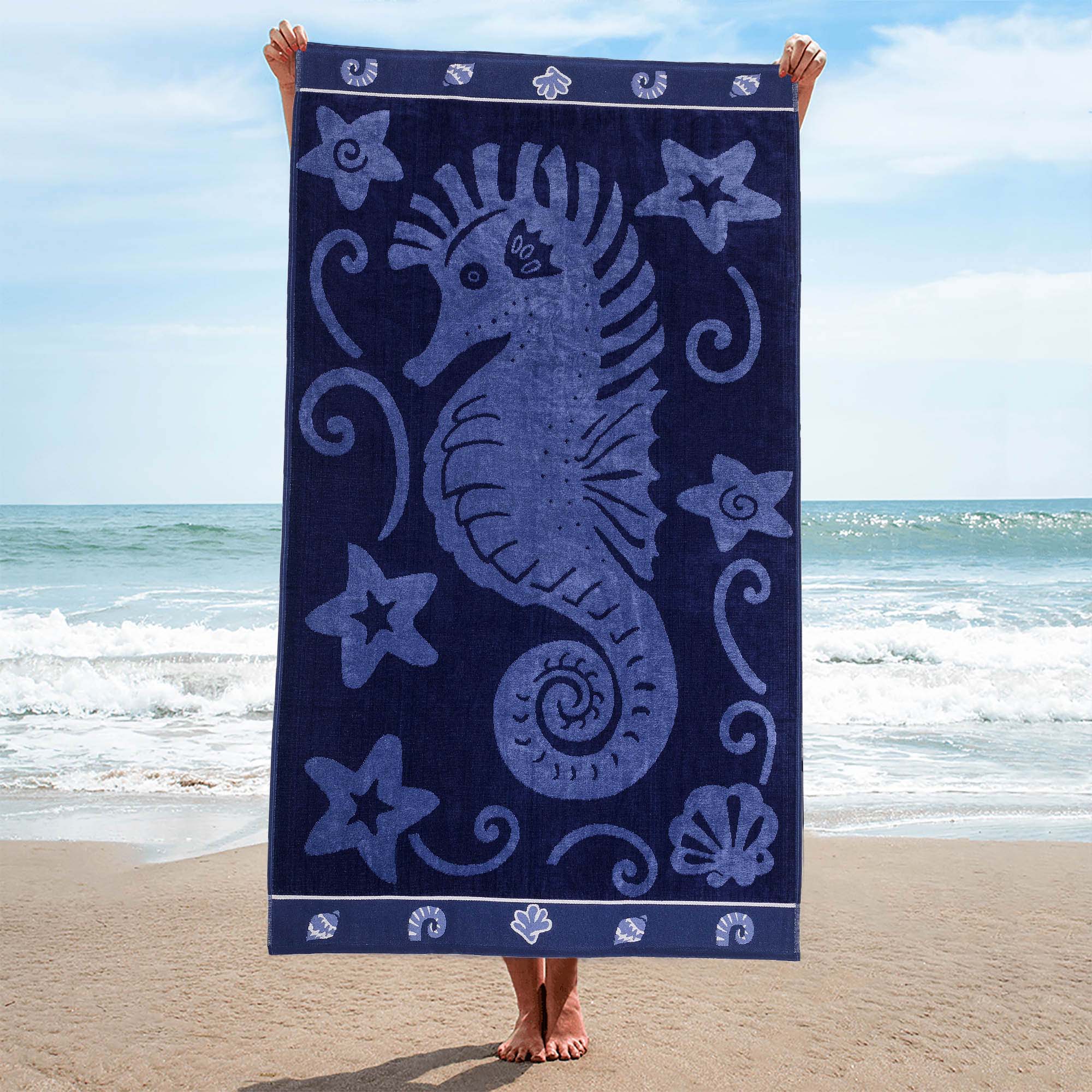 Premium Oversized Cotton Beach Towel Set - 2 Piece Ultra Soft & Absorbent Bath Towels for Pool, Beach, Yoga & Gym - Sea Horse Design