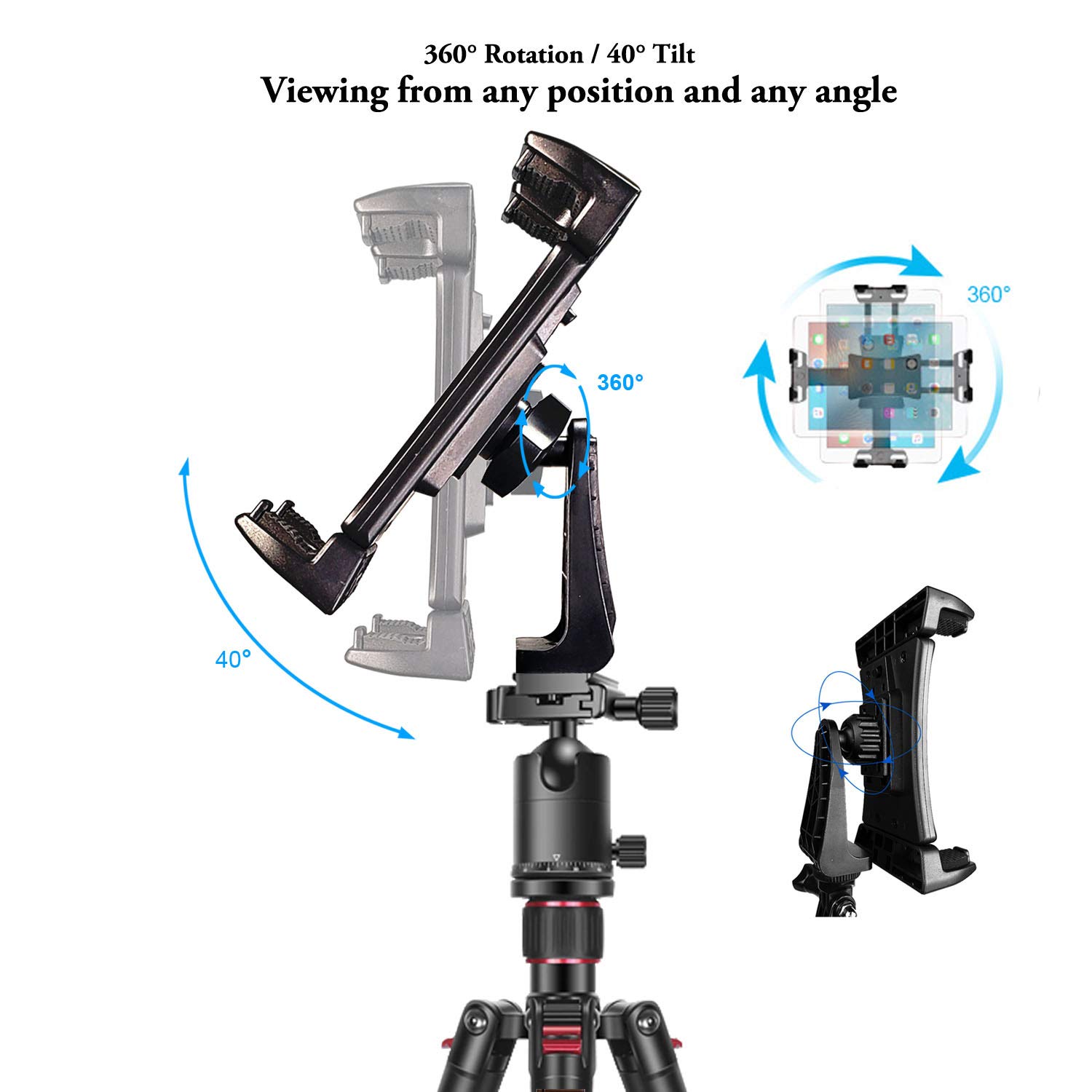 Universal 360° Rotatable Tablet Tripod Mount Adapter - Compatible with iPad Pro 12.9/11/10.5, iPad Air/Mini, Surface Pro, Galaxy Tab & 3.5-13.5