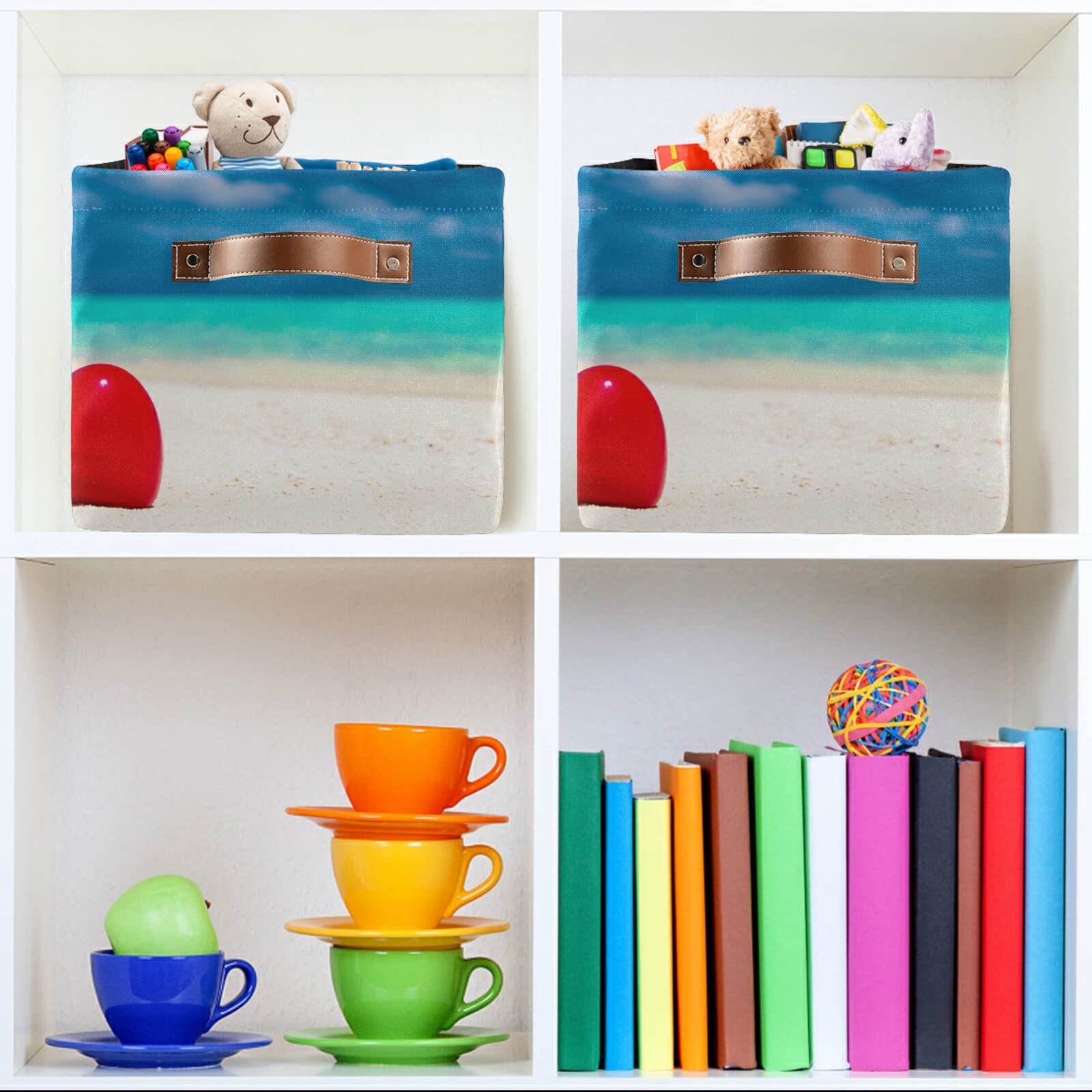 Valentine's Day Heart-Shaped Storage Baskets - 2 Pack Collapsible Decorative Bins with Handles for Nursery, Closet, Office & Home Organization | Beach Love Tropical Ocean Theme | Perfect for Gift Wrapping, Shelf Decor & Holiday Storage
