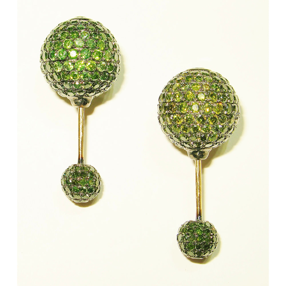 14K Yellow Gold Green Diamond Pave Double Sided Tunnel Earrings - Perfect for Parties, Weddings & Special Occasions