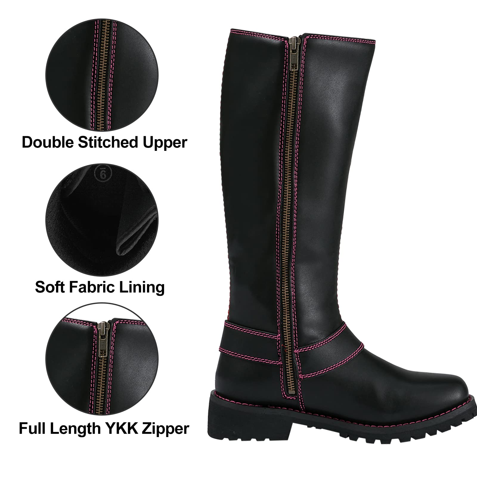 Dream Apparel Women's Motorcycle Riding Boots - Black PU Leather Biker Boots with Square Toe, Lace Up & Side Zipper | Knee High Riding Boots for Harley Davidson & Cruiser Bikes | Perfect for Motorcycle Enthusiasts & Urban Fashion