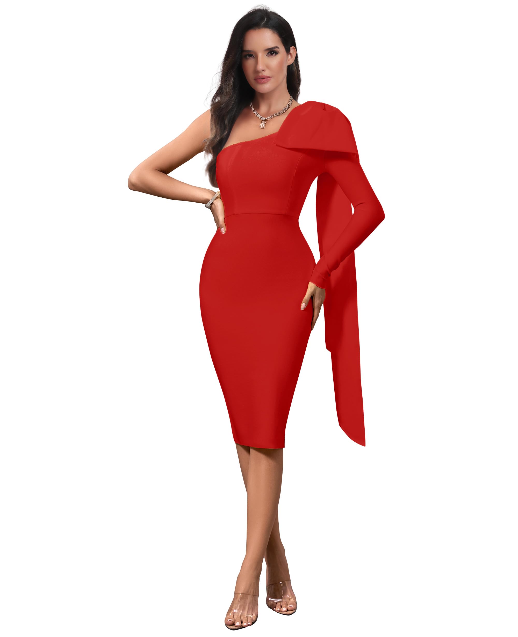 Maketina Women's One Shoulder Ruffle Long Sleeve Bandage Dress - Elegant Club & Cocktail Party Dress for Night Out, Date Night, and Special Occasions