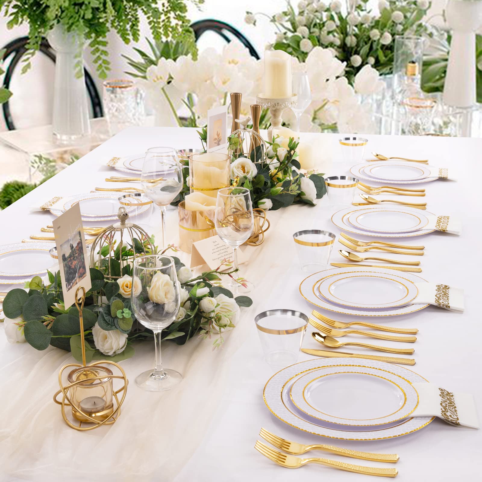 350-Piece Gold Plastic Dinnerware Set - Elegant White & Gold Disposable Plates, Cutlery & Cups for 50 Guests | Perfect for Weddings, Parties, Bridal Showers & Formal Events - Dishwasher Safe & Eco-Friendly