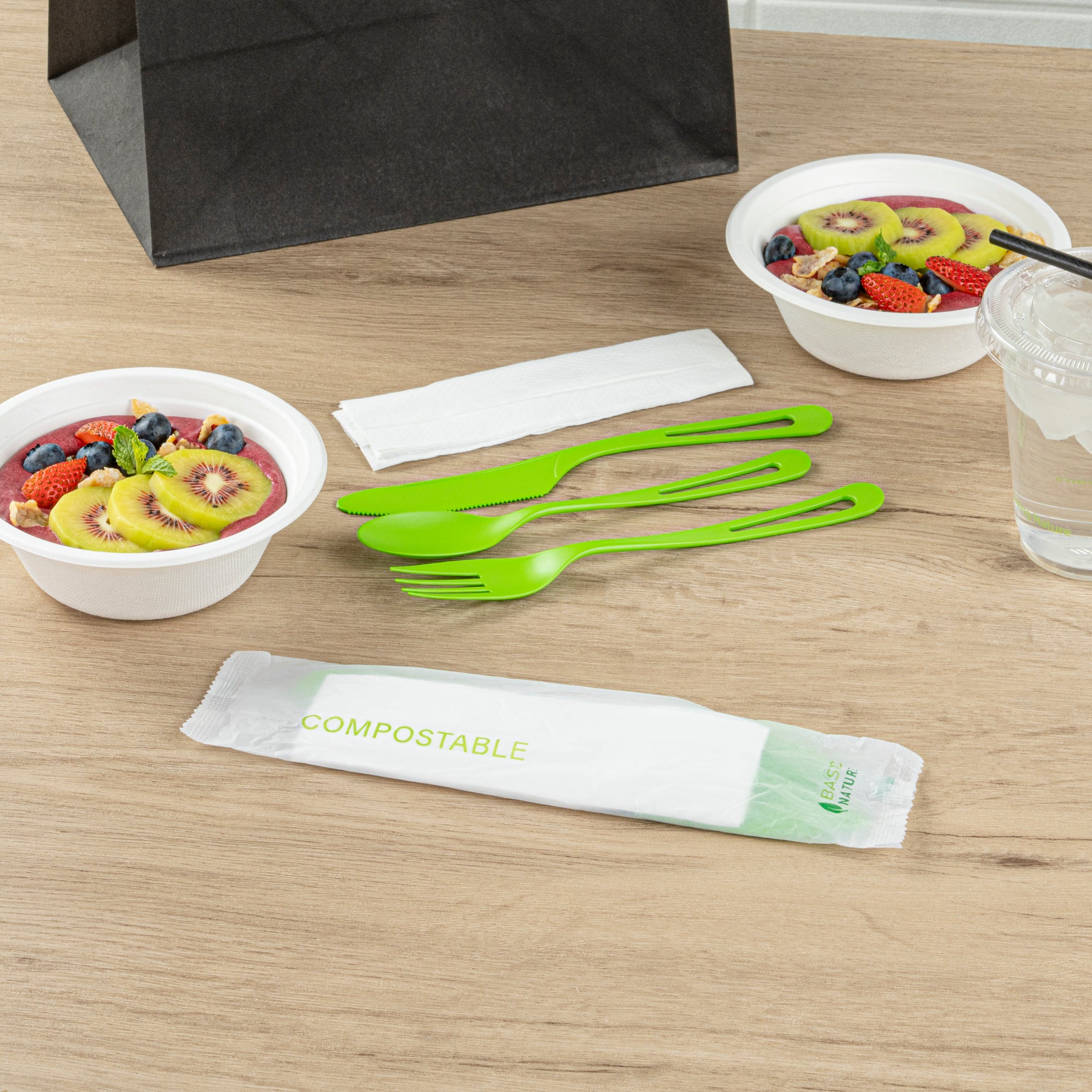 Eco-Friendly Compostable CPLA Plastic Cutlery Set - 100-Piece Box with Heat-Resistant Forks, Knives, Spoons & White Napkins | Perfect for Parties, Picnics, Catering & Zero-Waste Events
