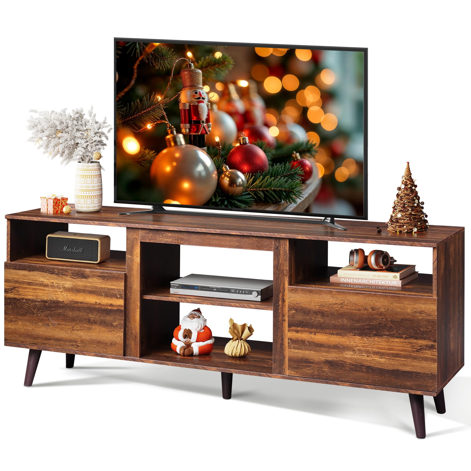 65 Inch TV Stand with 2 Storage Cabinets - Retro Brown Entertainment Center for Living Room, Bedroom & Office - Perfect Media Console for 58-65 Inch TVs - Ideal for Home Theater Setup & Modern Decor