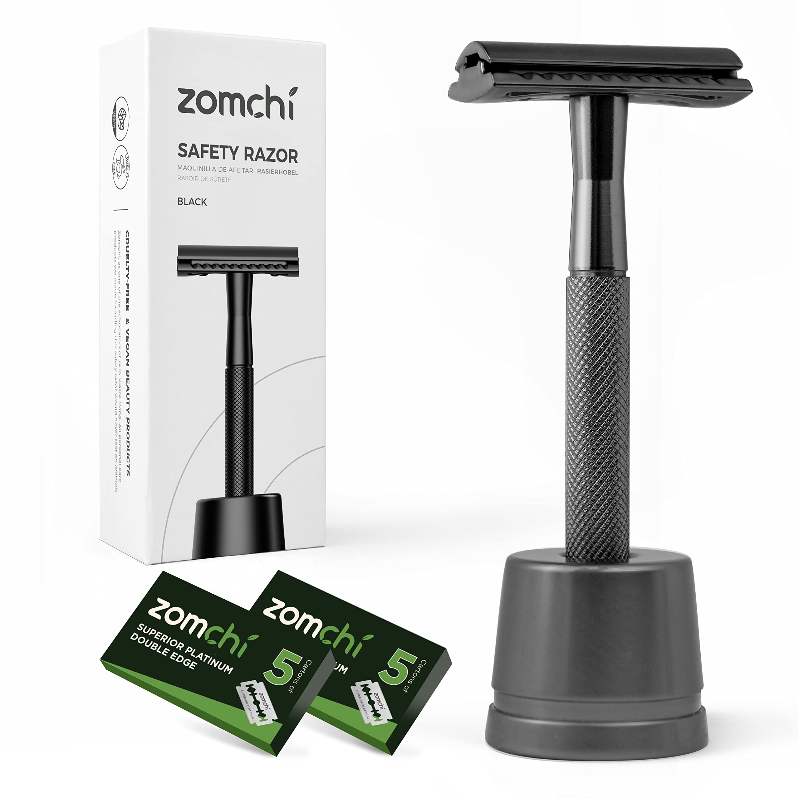 ZOMCHI Premium Double Edge Safety Razor for Men with 10 Stainless Steel Blades & Stand - Black | Smooth Shaving for Sensitive Skin, Perfect for Travel & Daily Grooming Routine