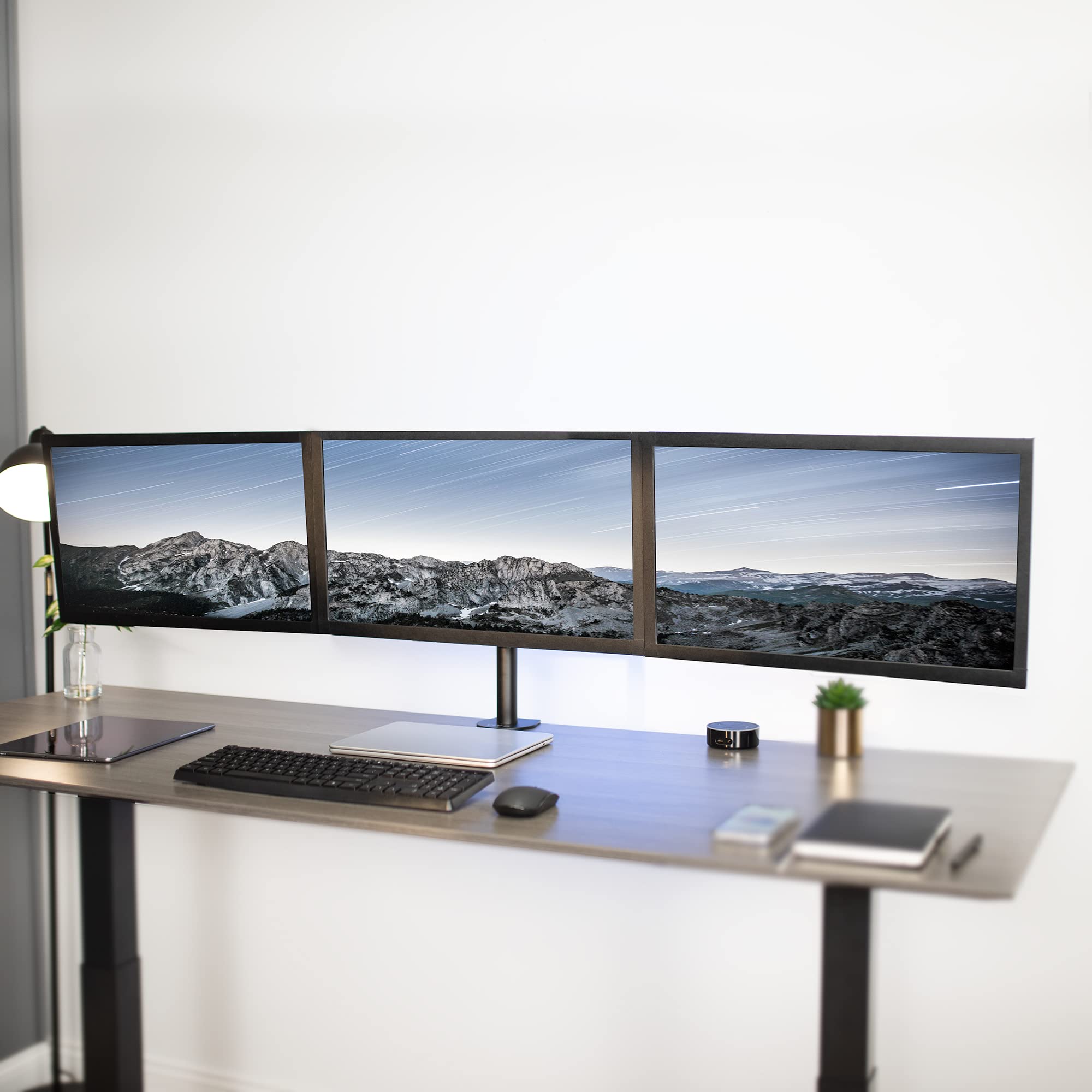 VIVO Triple Monitor Stand for 24 Inch Screens - Adjustable Articulating 3 Screen Desk Mount with Full Motion Tilt, Swivel & Rotation - Heavy Duty Black Monitor Arm STAND-V003Y for Home Office, Gaming & Workspace Setup