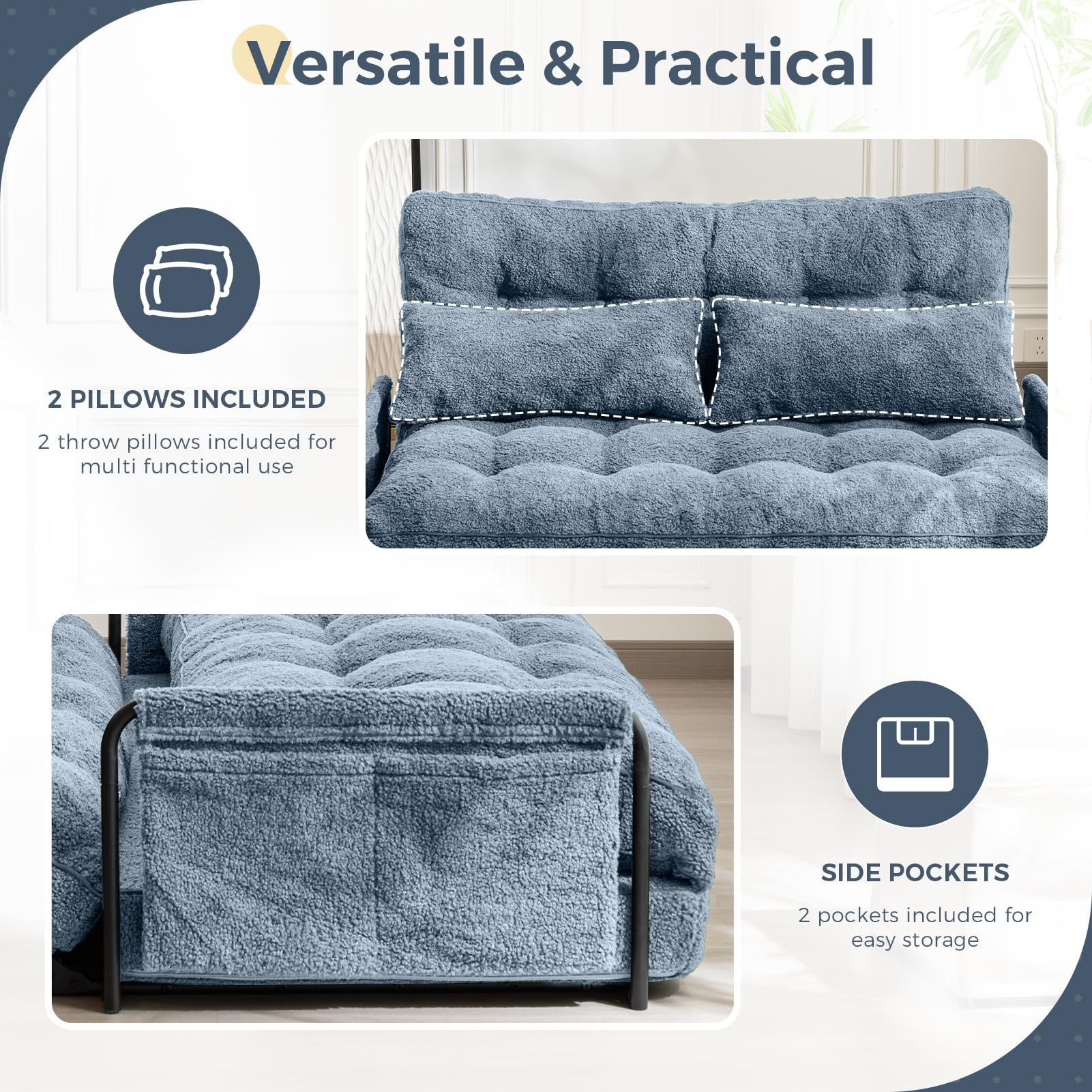 MAXYOYO Adjustable Floor Sofa Couch - Convertible Lazy Sofa Bed with 2 Pillows & Armrests | Boucle Fabric in Dusty Blue | Perfect for Small Spaces, Living Rooms & Guest Beds