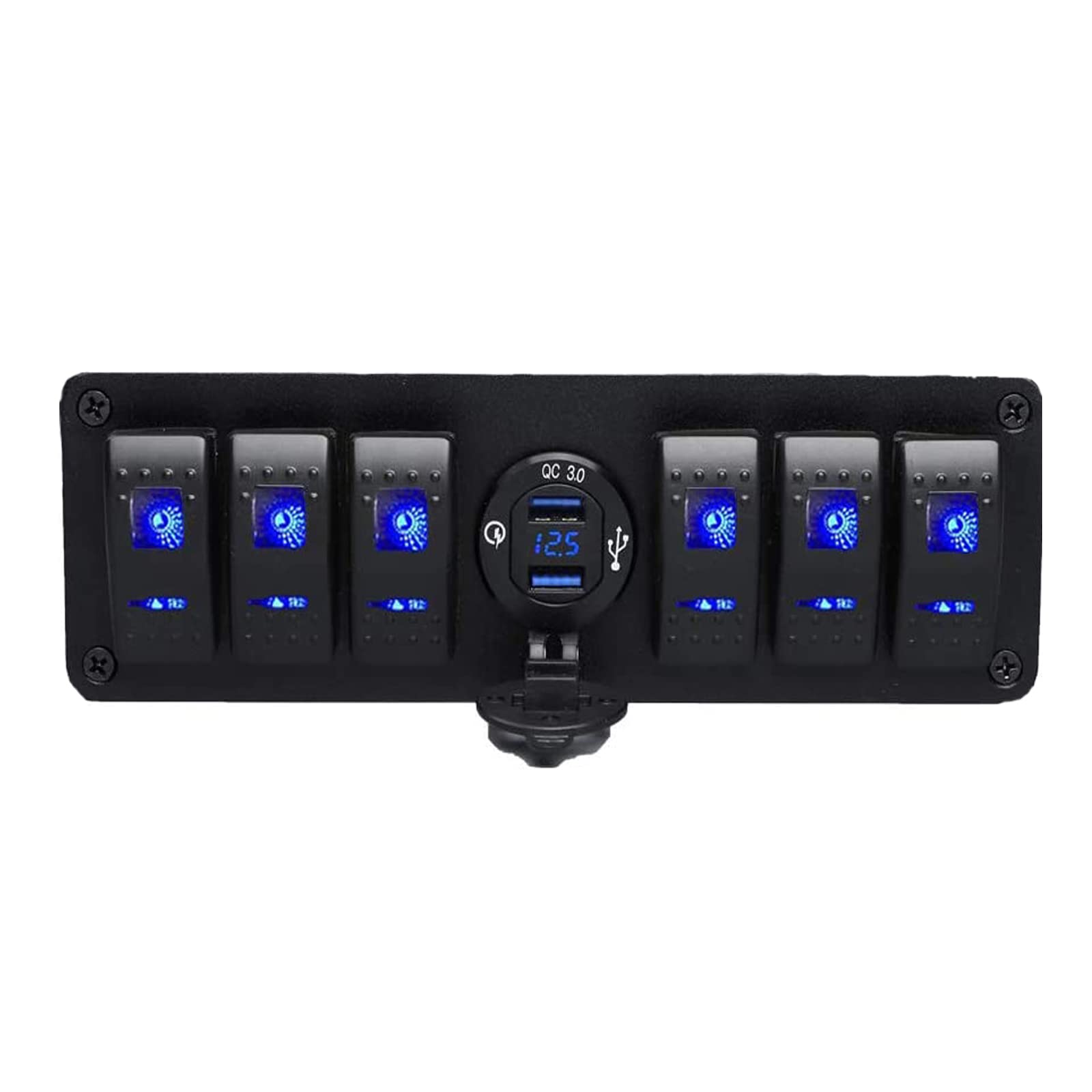 12V-24V DC Marine Switch Panel with Dual USB Quick Charger & Voltmeter - Waterproof Boat Rocker Switch Panel with Night Glow Stickers for RV, Boats, Cars & Trucks | Perfect for Marine Electrical Systems, Off-Road Vehicles & Emergency Power Control