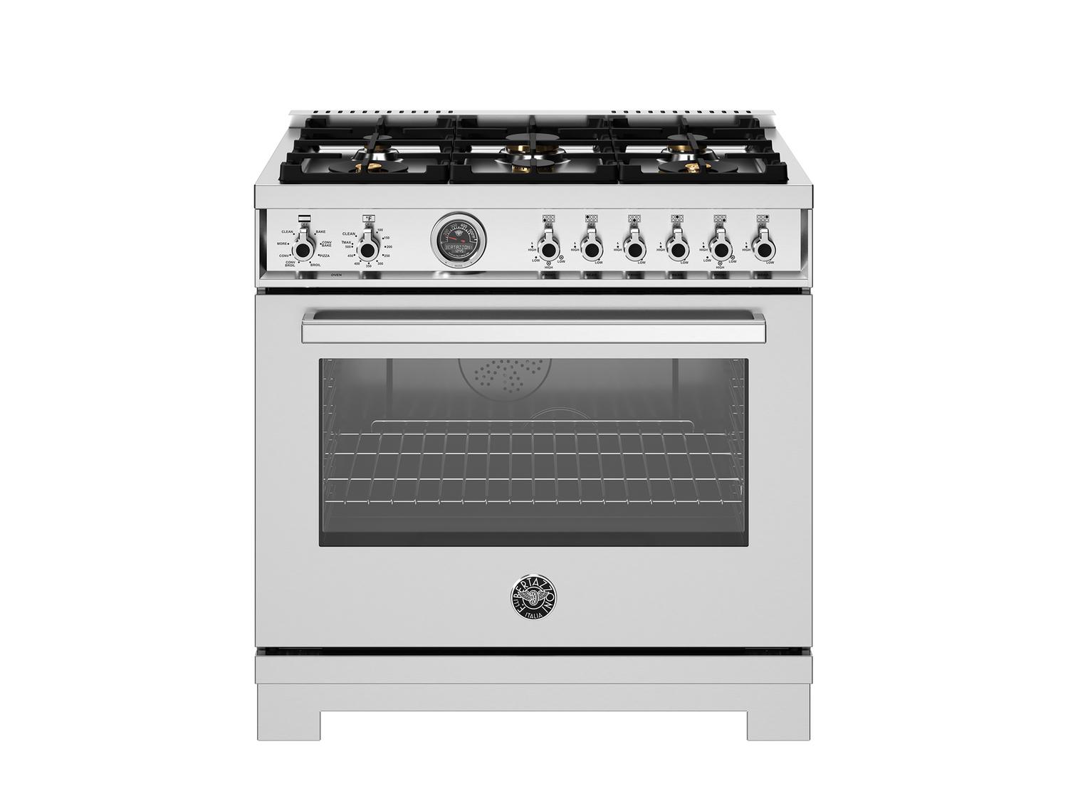 Bertazzoni PRO366BCFEPXT 36 Inch Dual Fuel Range with 6 Brass Burners & Cast Iron Griddle | Stainless Steel Electric Self-Cleaning Oven | Perfect for Professional Kitchens & Home Chefs