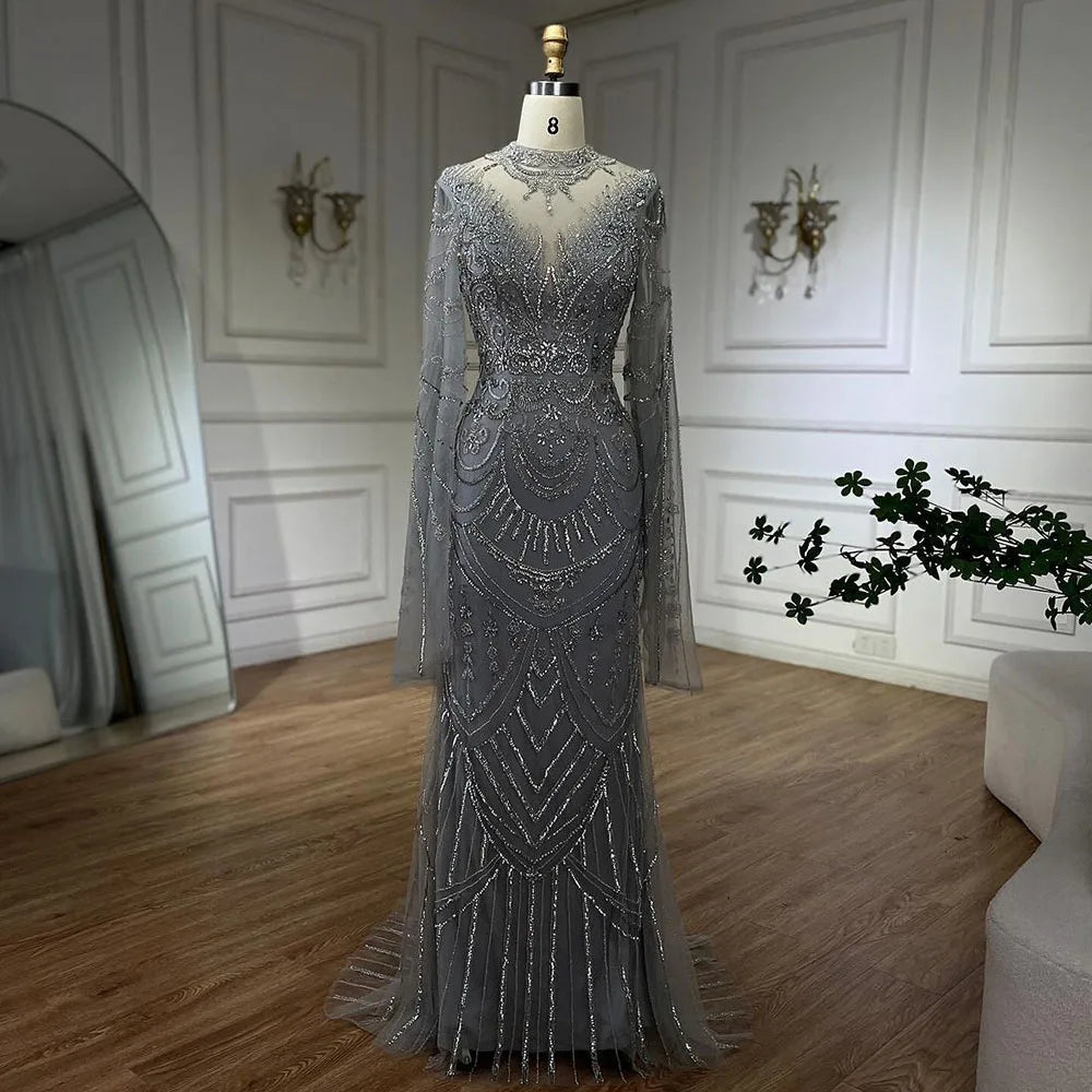 Elegant Dubai Gray Mermaid Beaded Lace Arabic Luxury Evening Dress for Women - Wedding, Party & Special Occasion Gowns 2025 | LA72517 | Perfect for Red Carpet Events, Galas & Formal Celebrations