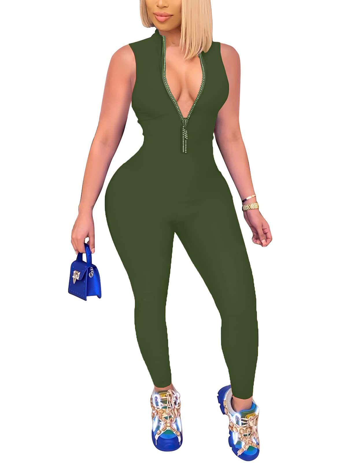 Women's Sexy Long Sleeve V-Neck Zipper Jumpsuit - Bodycon One Piece Romper Outfit for Casual Wear | Perfect for Date Night, Club Outings & Party Events