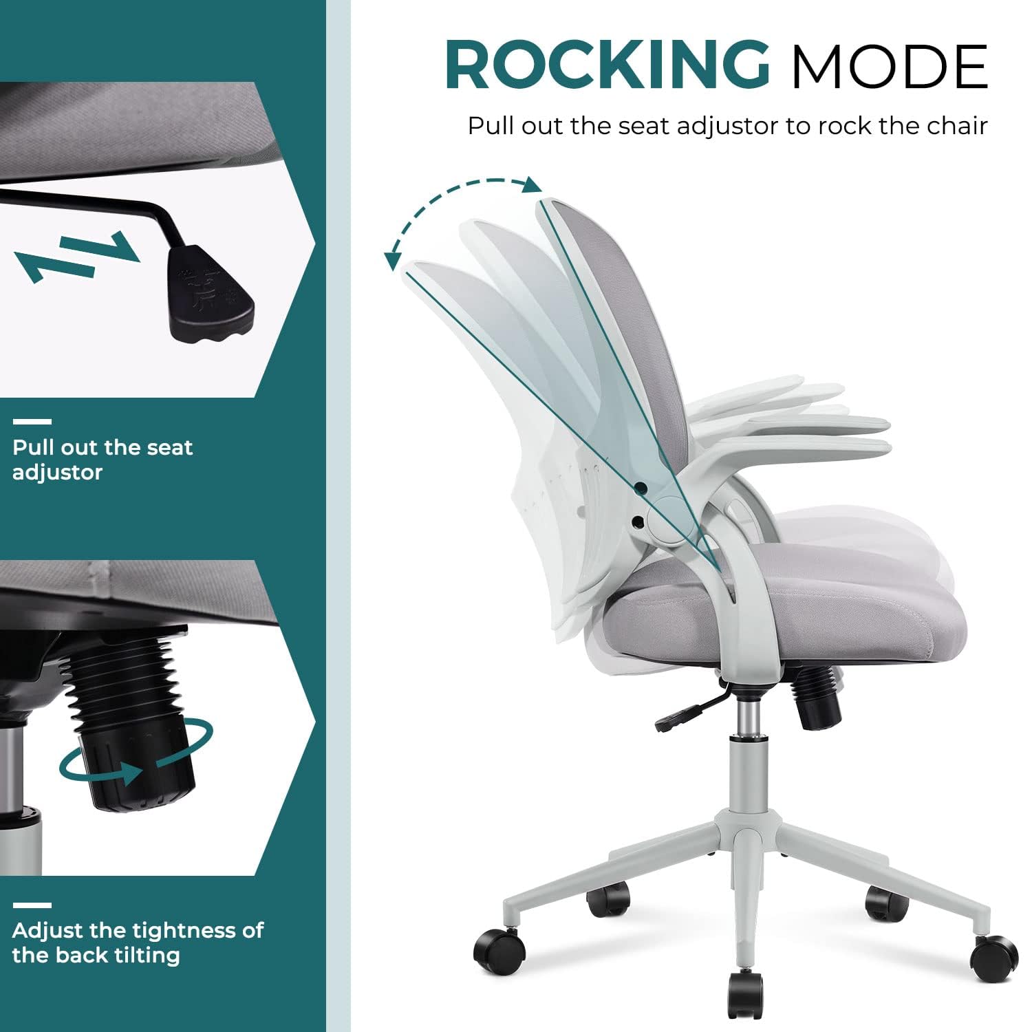 Ergonomic Mesh Office Chair with Lumbar Support - Adjustable Mid-Back Computer Gaming Desk Chair with Flip-Up Arms & Wheels for Home Office, Study Room, Bedroom - Comfortable Swivel Task Chair for Adults & Students (Grey) - Perfect for Long Work Hours, Online Classes & Gaming Sessions