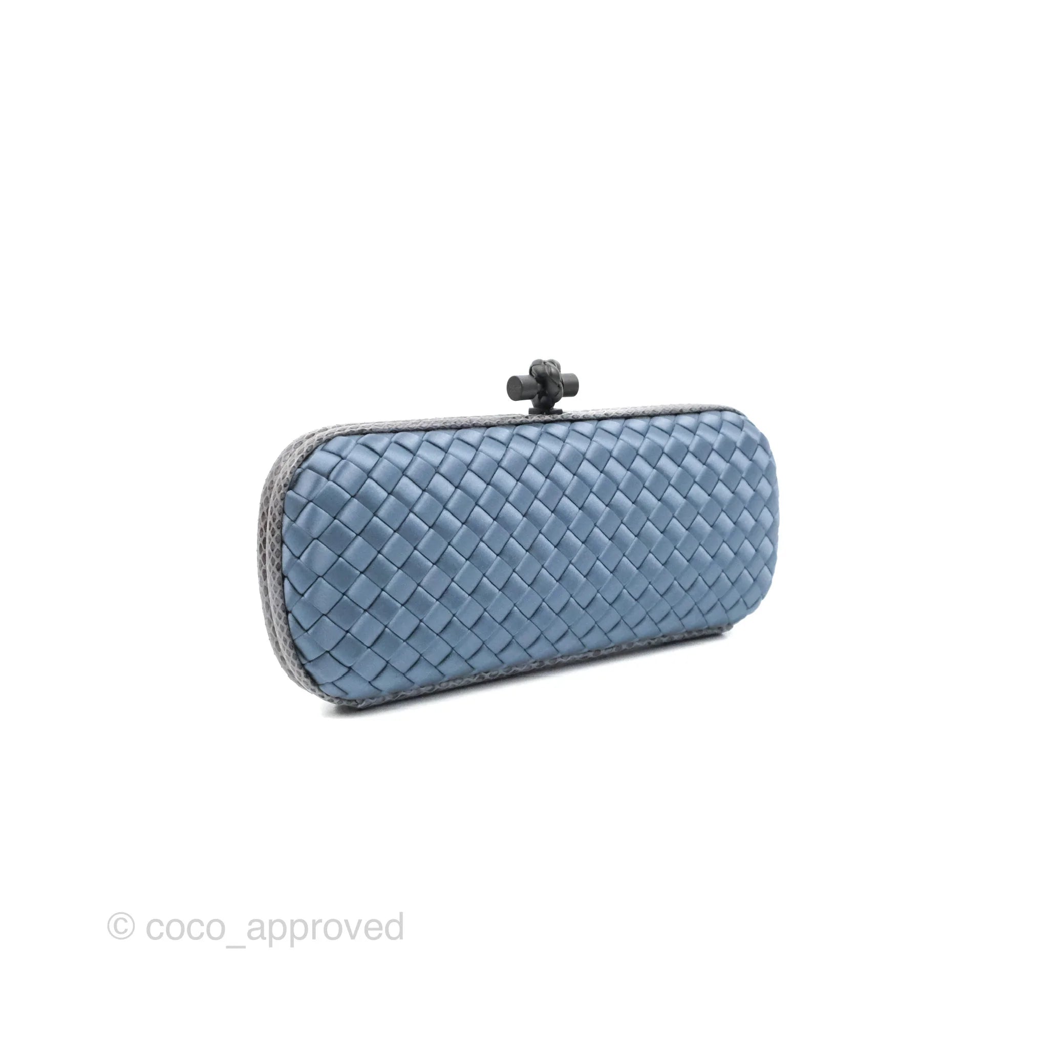 Bottega Veneta Ayers Satin Intreccio Stretch Knot Clutch Bag in Navy Blue | Luxury Evening Clutch for Women | Perfect for Parties, Weddings & Special Occasions