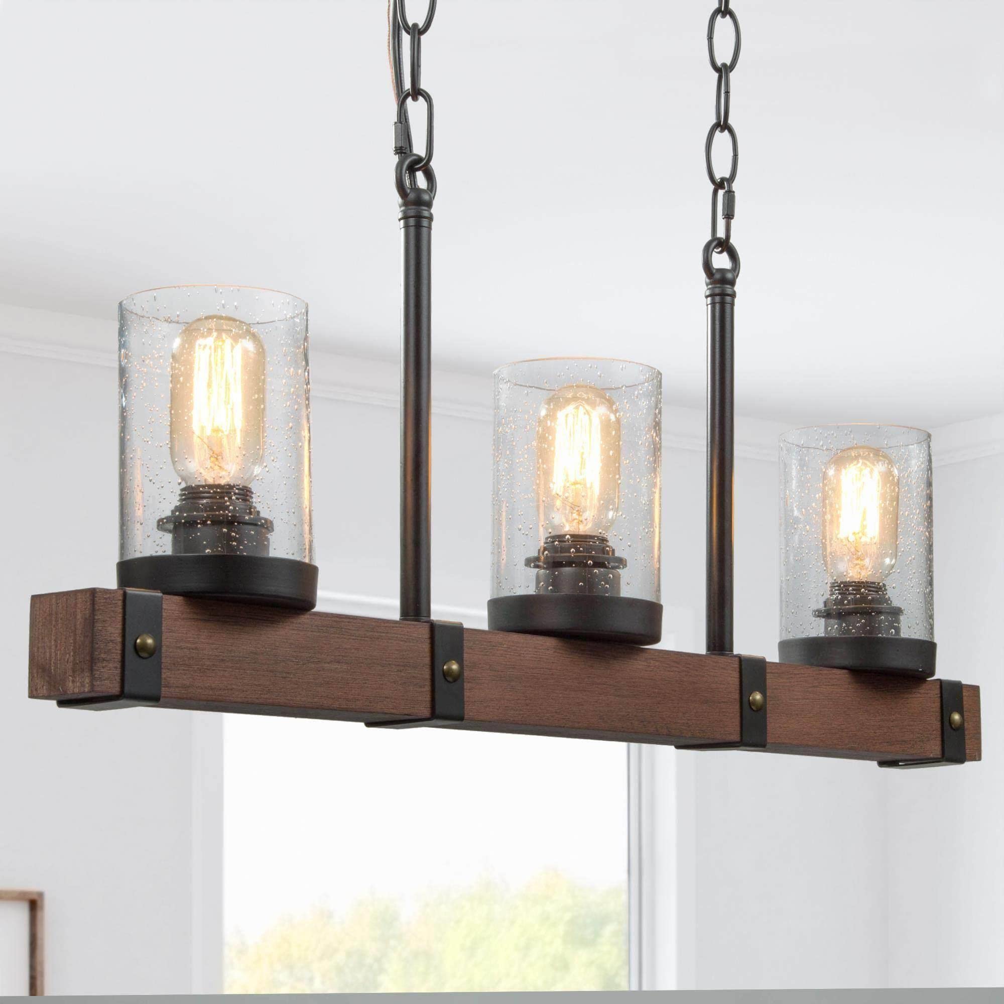 Farmhouse Chandelier 3-Light Kitchen Island Pendant - Rustic Metal & Wood Ceiling Light with Glass Globes, 25.5