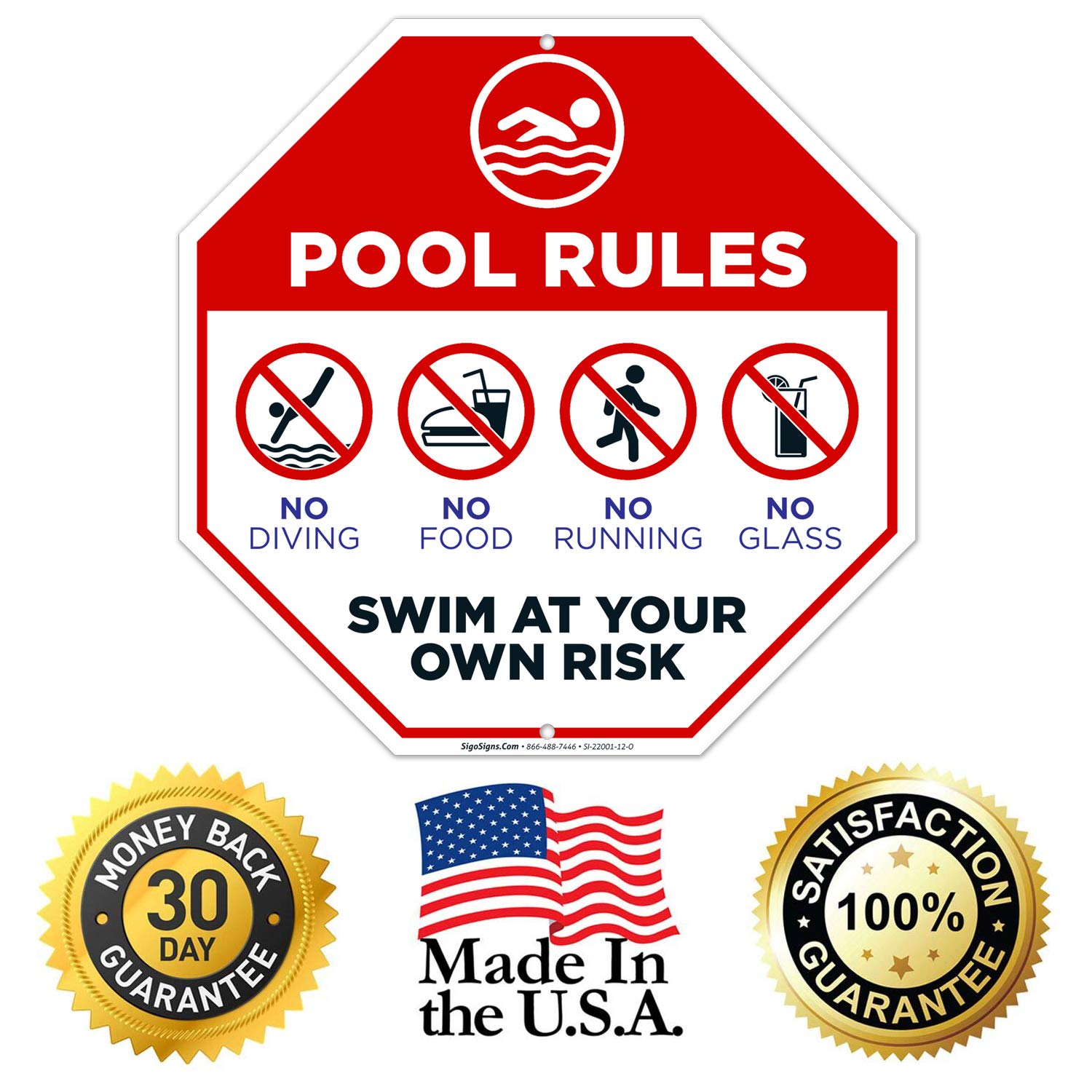 Pool Rules Sign - 12x12 Inches Rust-Free .040 Aluminum, Fade-Resistant, Made in USA - Perfect for Backyard Pools, Community Pools & Water Safety