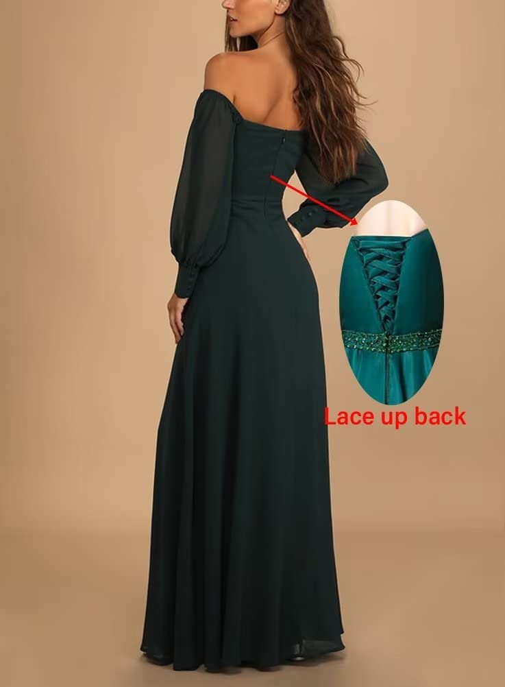 Elegant Off-The-Shoulder Long Sleeve Chiffon Bridesmaid Dress | Formal Wedding Guest Gown with Thigh Slit for Women - Perfect for Evening Galas, Cocktail Parties & Special Occasions