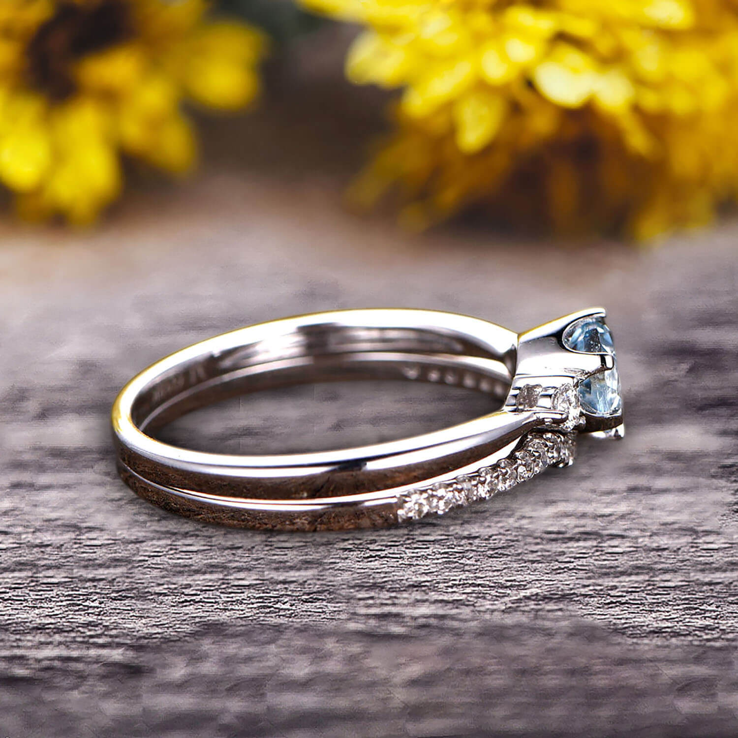 1.5 Carat Round Cut Aquamarine Engagement Ring in 10k White Gold with Vintage Art Deco Matching Wedding Band Set - Perfect for Proposals, Anniversaries & Bridal Jewelry Collections