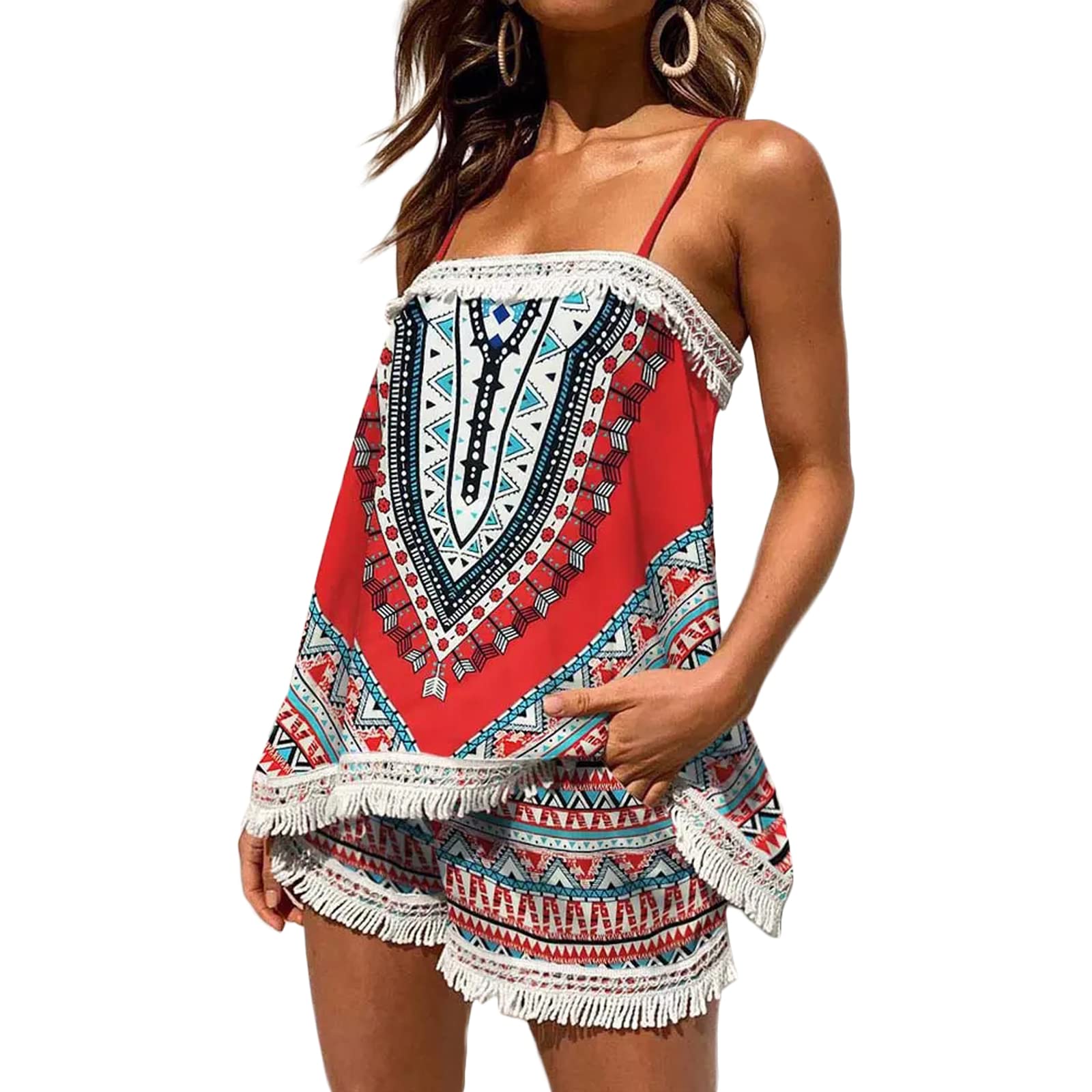 Boho Summer Outfits for Women - Vintage Sleeveless Strapped Tassel Top & Elastic Shorts 2 Piece Set | Beach Vacation, Music Festival & Casual Outfit