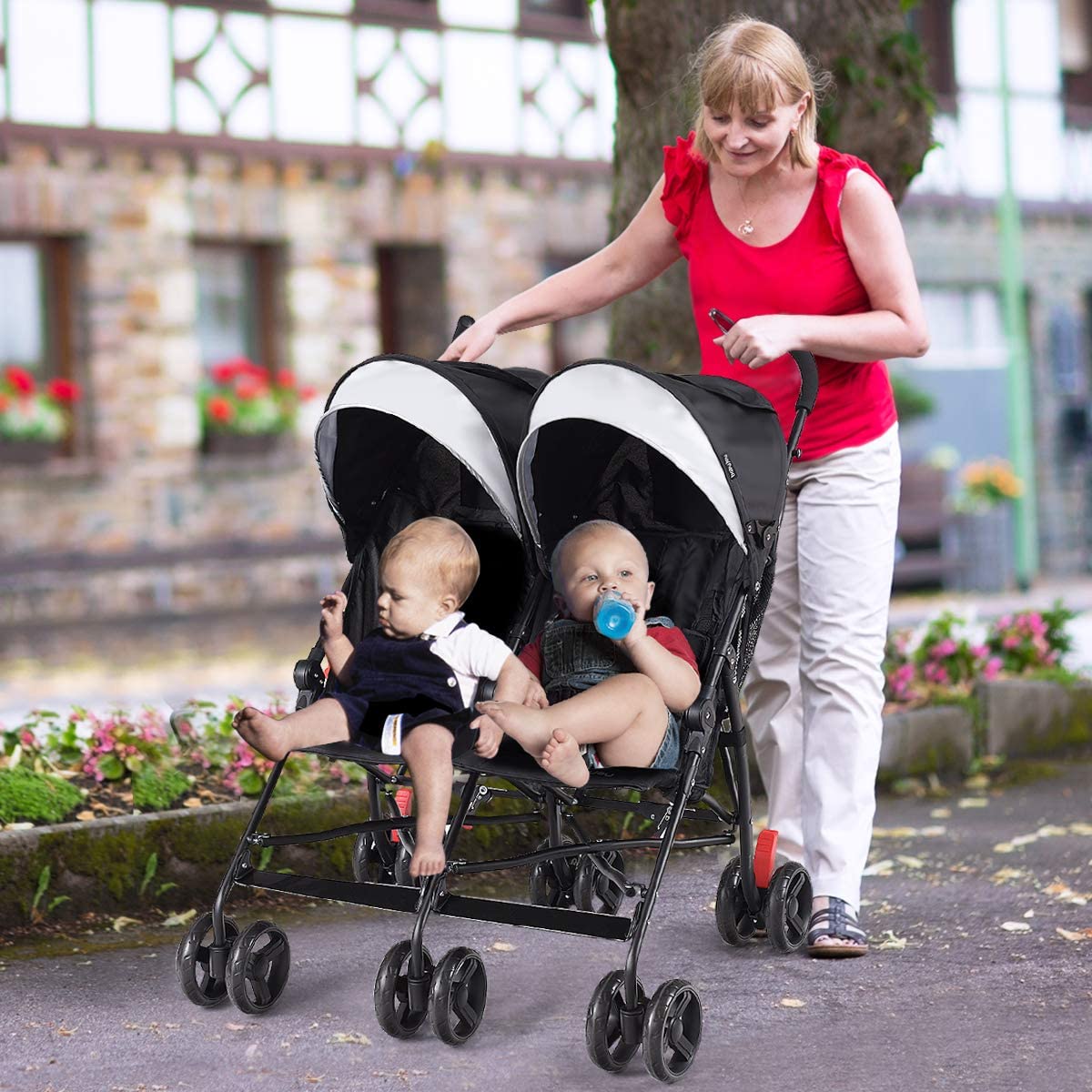 HONEY JOY Double Stroller - Lightweight Compact Side by Side Baby Stroller with Adjustable Canopy, Cup Holder & Storage Bag | Foldable Twin Umbrella Stroller for Infants & Toddlers | Perfect for Travel, Airplane, Shopping & Daily Walks