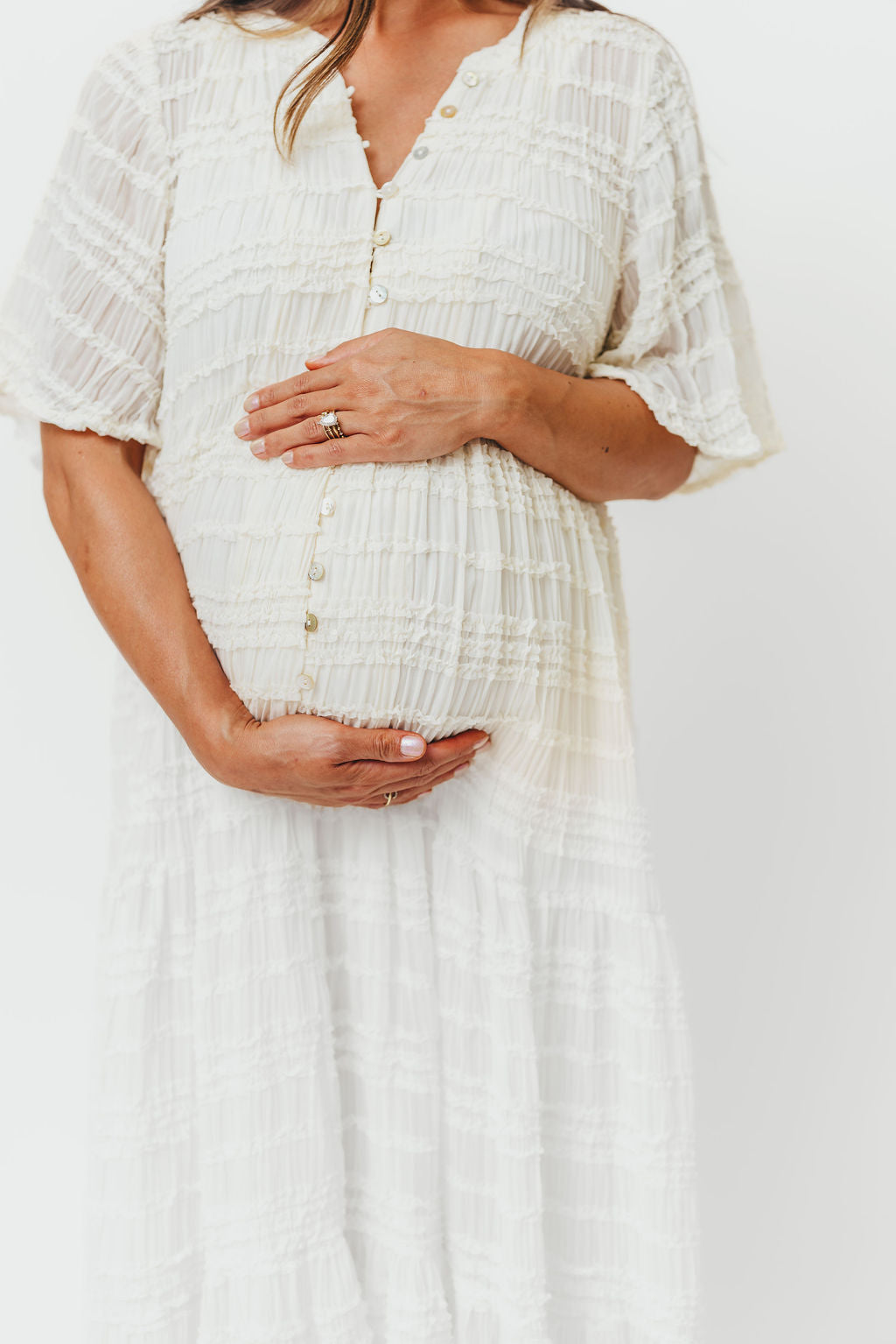 Kristin Tiered Woven Maxi Dress in Ivory - Bump Friendly Maternity Dress with Detachable Liner | Perfect for Pregnancy, Weddings & Summer Vacations
