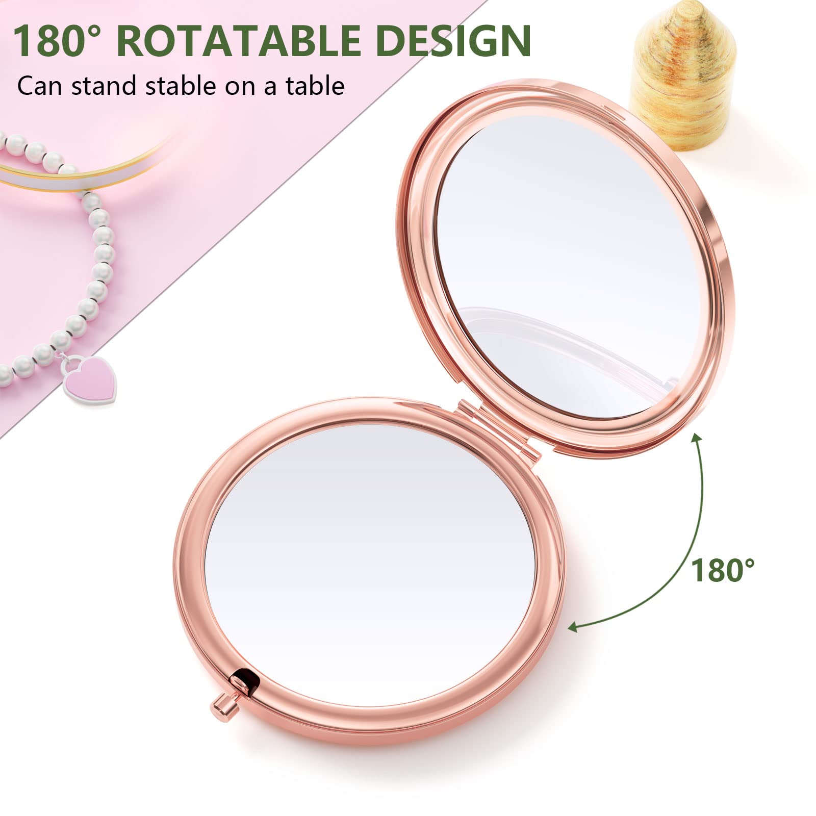 Nipichsha Compact Travel Mirror 2X/1X Magnification - Rose Gold for Makeup On-The-Go