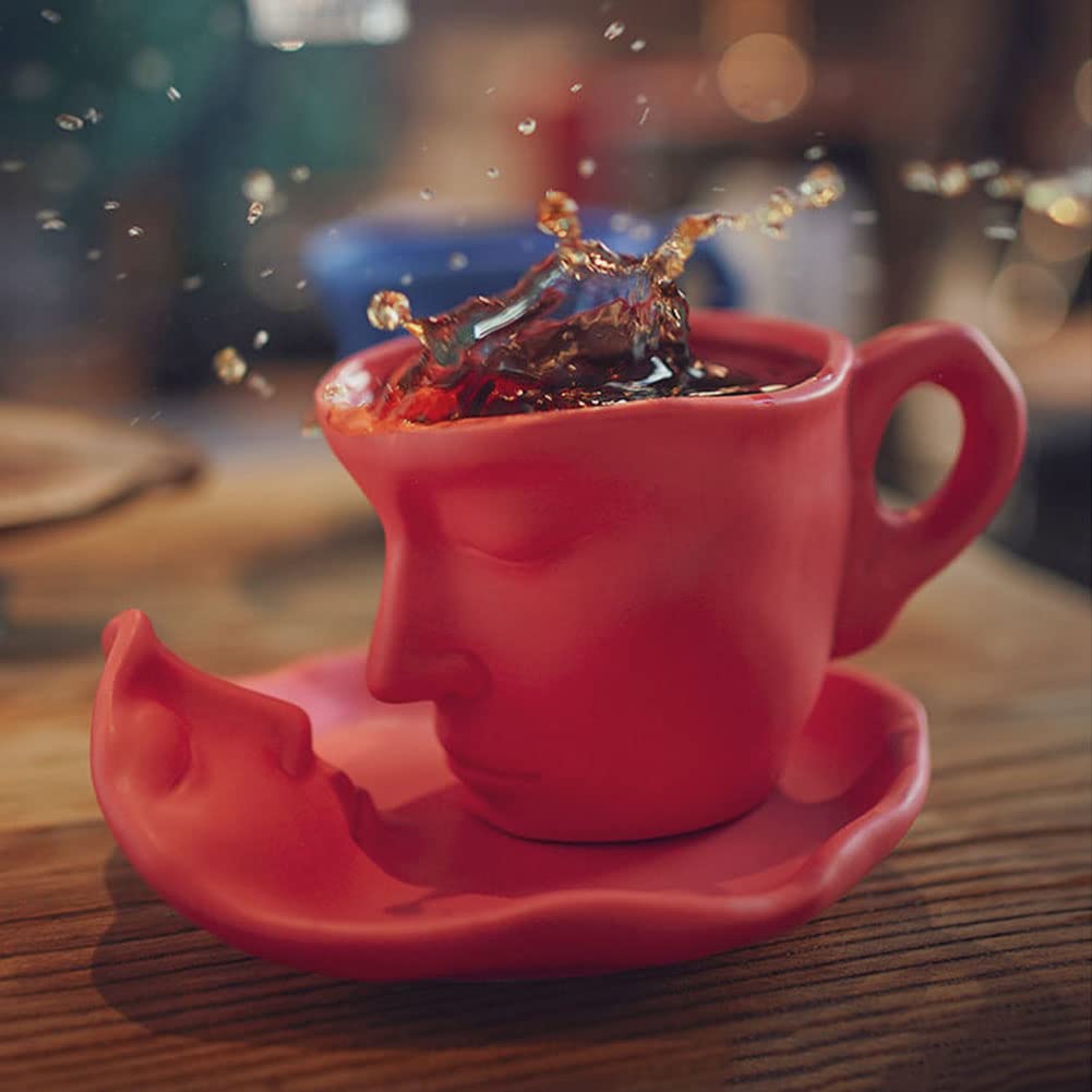 Creative Face Mug Set - 4-Piece Ceramic Coffee Cups & Saucers for Espresso, Cappuccino, Latte - Fun Tea Drinking Cups - Microwave & Dishwasher Safe (Red) - Perfect for Home, Office & Gifts