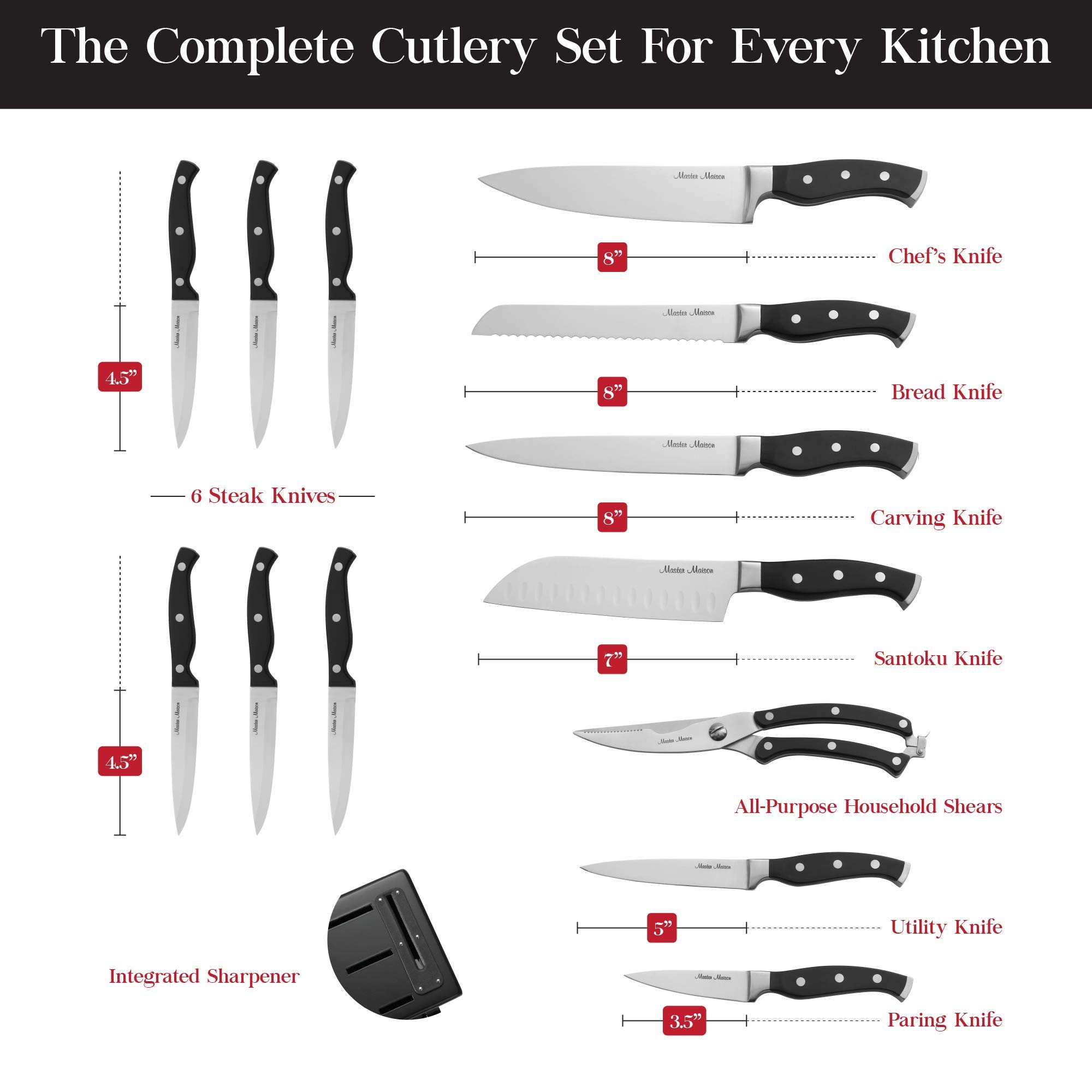 Master Maison 15-Piece Kitchen Knife Set with Wooden Block & Sharpener - Professional Stainless Steel Chef, Utility & Steak Knives for Cooking, Slicing & Food Prep - Perfect for Home Chefs & Culinary Enthusiasts