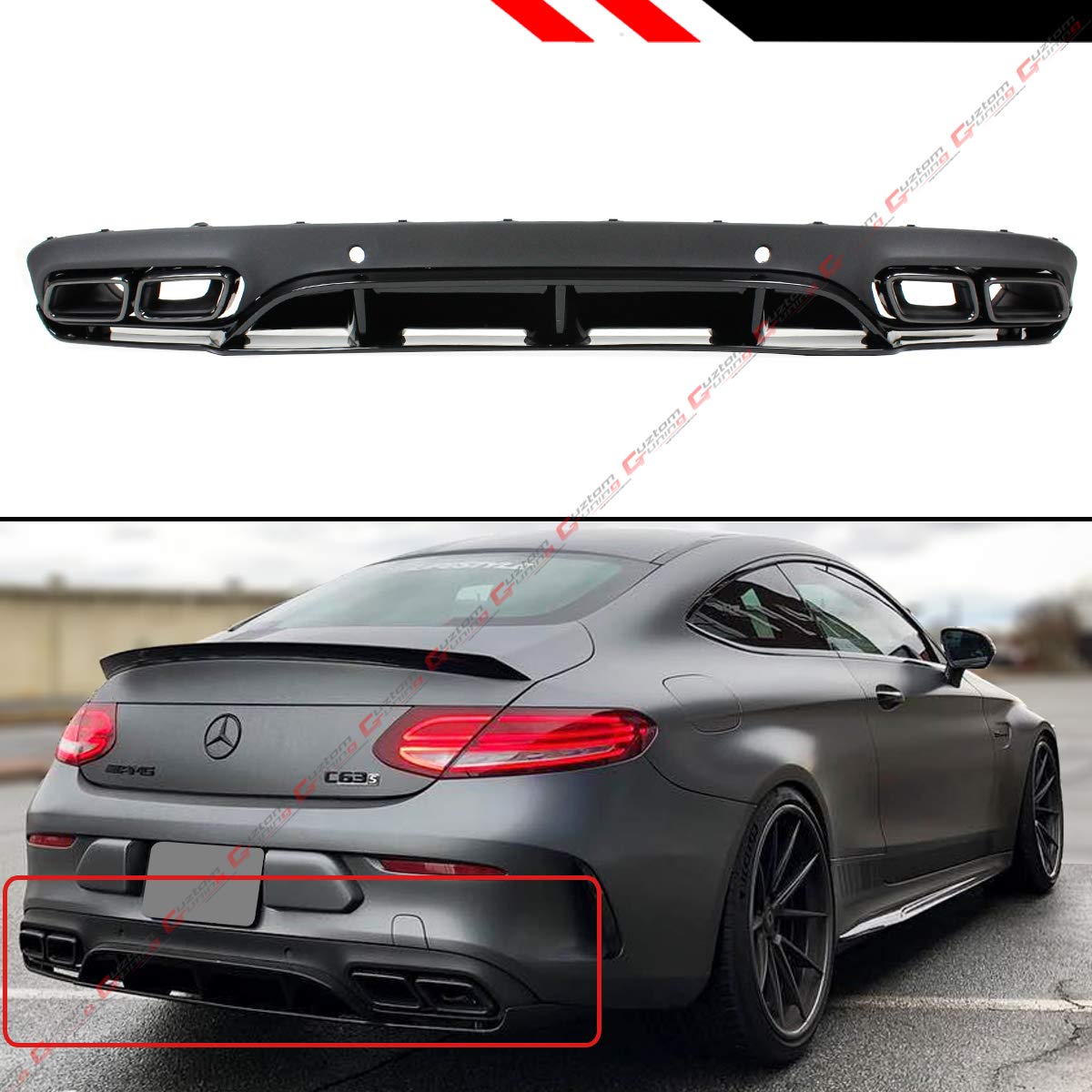 C63 Style Rear Bumper Diffuser with Black Chrome Exhaust Tips for 2017-2019 Mercedes C-Class W205 Coupe (C200/C250/C300/AMG C43) - Aggressive Look & Enhanced Aerodynamics for Street or Track Performance
