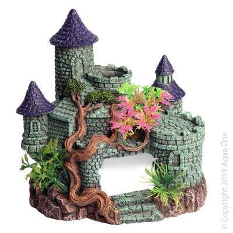 Aqua One Castle with Tree & Plants - 15 x 12 x 15.5cm Mini Aquarium Decor for Fish Tank, Perfect for Betta Fish, Goldfish & Tropical Aquariums - Enhances Underwater Scenery & Provides Hiding Spots