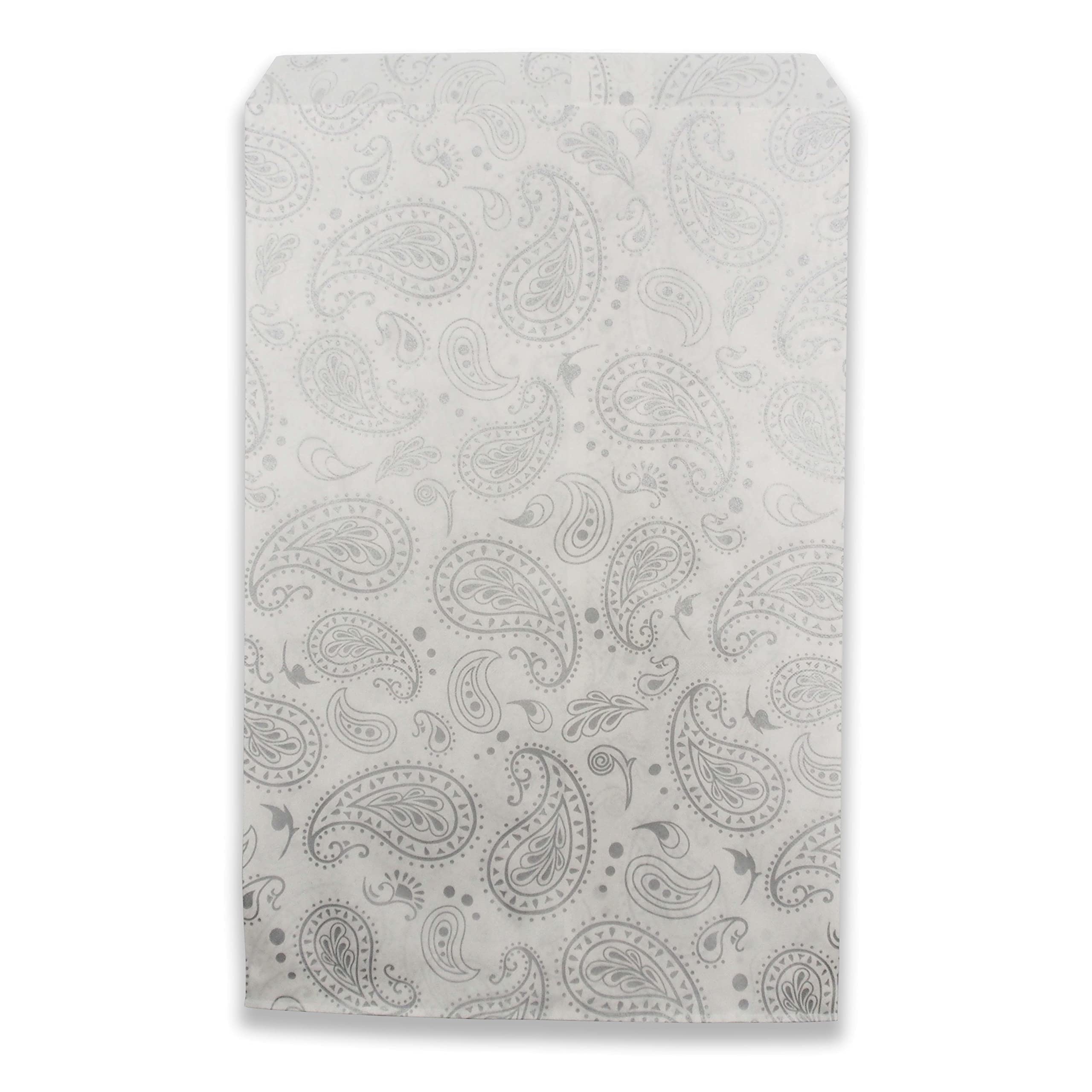 100 Pack 6x9 Inch Decorative Flat Paper Gift Bags - Elegant Silver Paisley Design on White Kraft - Perfect for Party Favors, Wedding Treats, Holiday Gifts & Cookie Packaging (N'icePackaging)