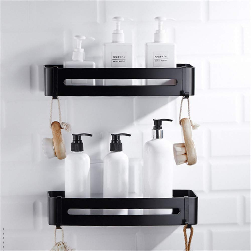 Black Aluminum Bathroom Shelf - Shower Shampoo Soap Cosmetic Organizer with Hook, Wall Mounted Storage Rack for Bathroom Accessories | Perfect for Shower Caddy, Toiletries Storage & Bathroom Organization