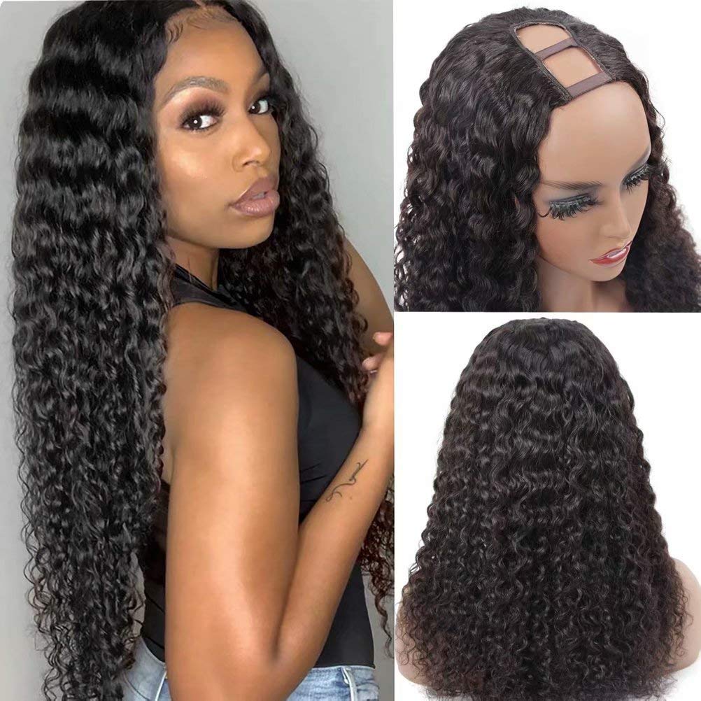 Brazilian Deep Wave U Part Wig 18 Inch - 180% Density Virgin Remy Human Hair for Black Women | Glueless Clip-in Half Wig with U Shape | Natural Color for Daily Wear, Parties & Special Occasions
