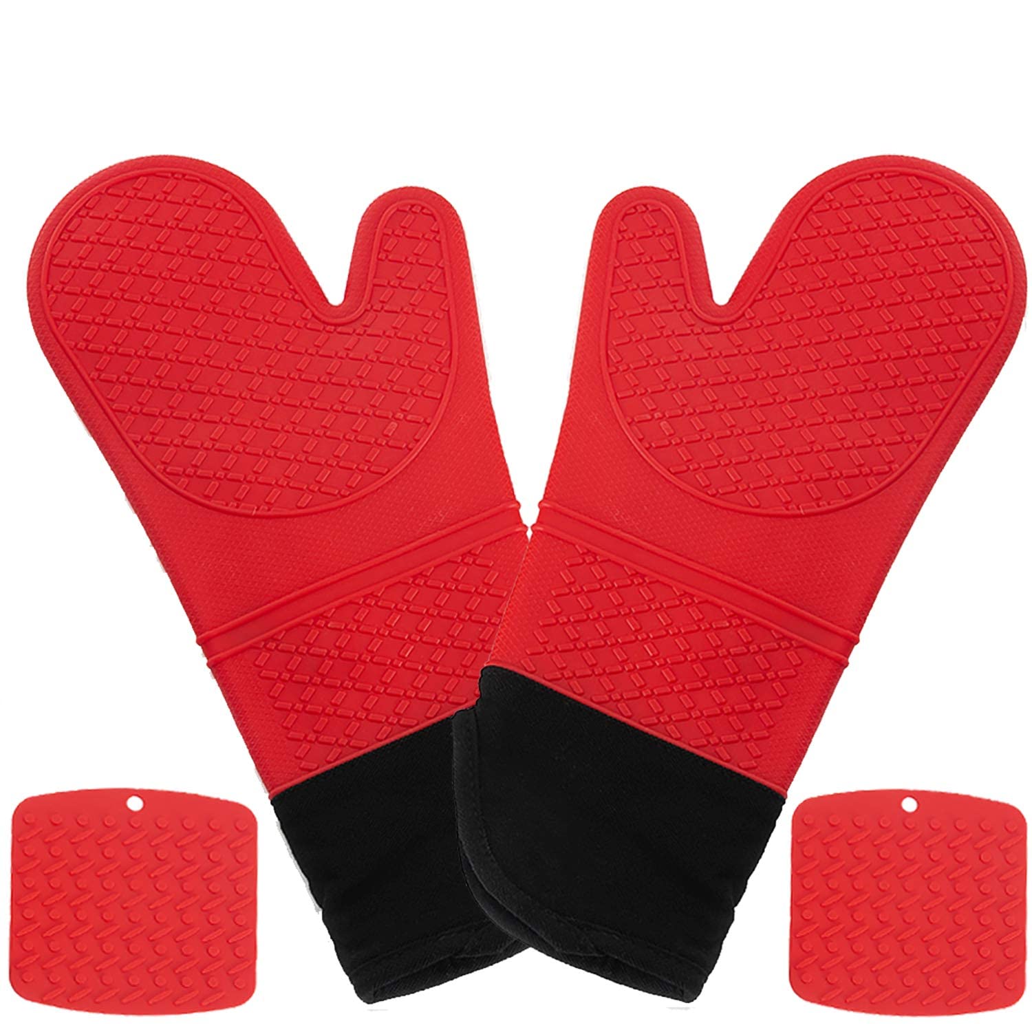 Heat Resistant Silicone Oven Mitts & Pot Holders Set - 500°F Extra Long Cooking Gloves with 2 Non-Slip Potholders for Kitchen, Baking, BBQ & Grilling - Perfect for Handling Hot Pans, Baking Sheets & Grill Racks