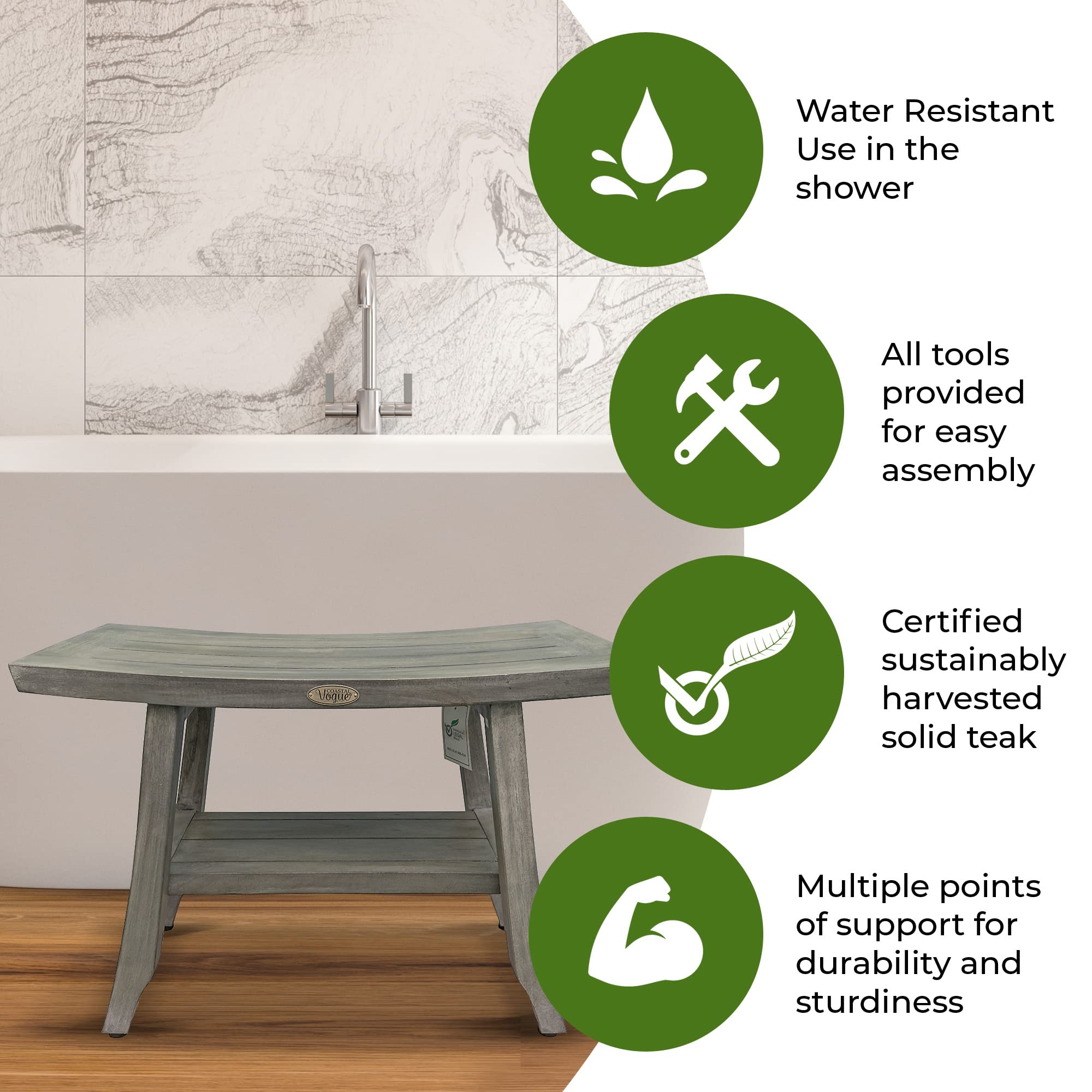 CoastalVogue Satori 24 Inch Waterproof Teak Wood Shower Bench - Gray Bathroom Stool Seat with Storage for Shower Safety and Organization - Perfect for Elderly, Disabled & Spa Relaxation
