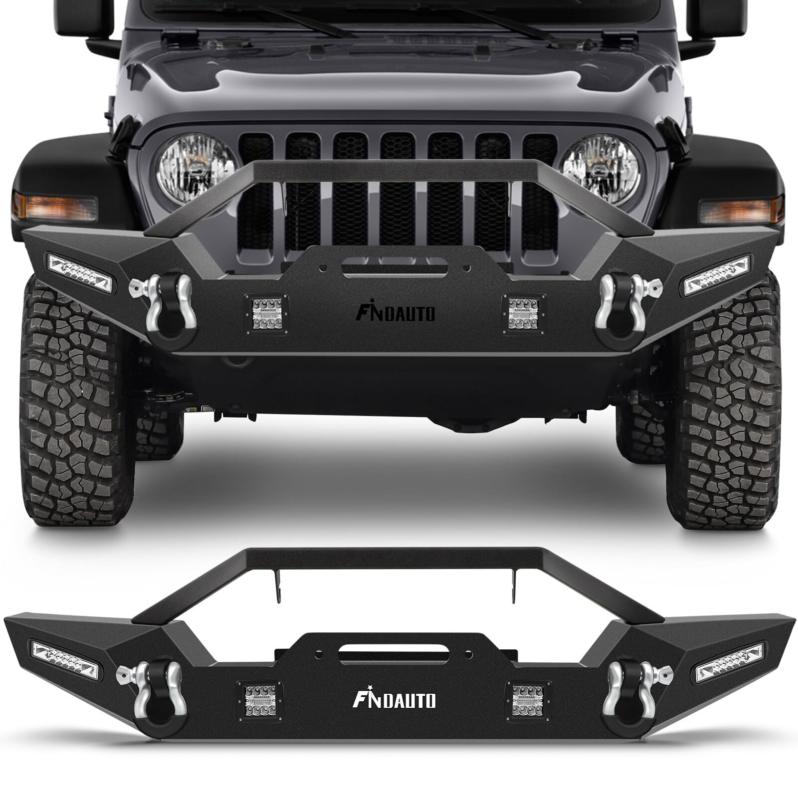 **FINDAUTO Upgraded Textured Black Rock Crawler Front Bumper with D-Ring & Winch Plate & LED Lights - Compatible with 1987-2006 Jeep Wrangler (TJ, YJ) - Perfect for Off-Roading, Rock Crawling & Adventure**