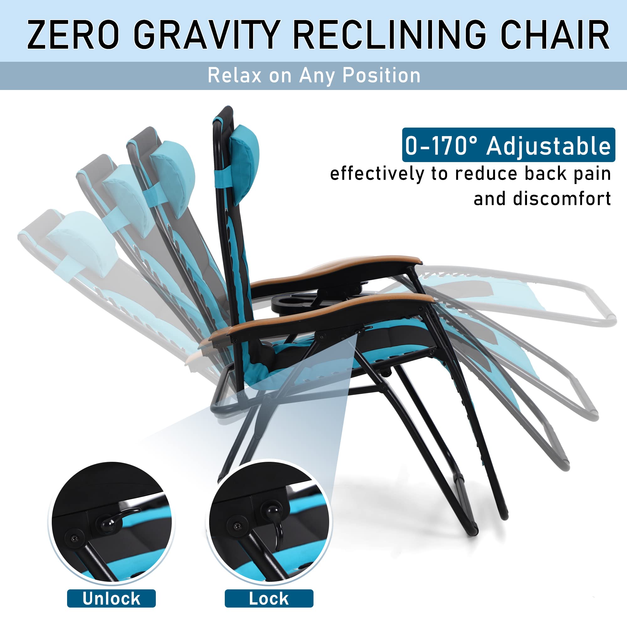 PHI VILLA Outdoor Adjustable Zero Gravity Lounge Chair with Side Table & Pillow - Portable Folding Recliner for Patio, Poolside, Beach & Backyard Relaxation - Aqua Blue