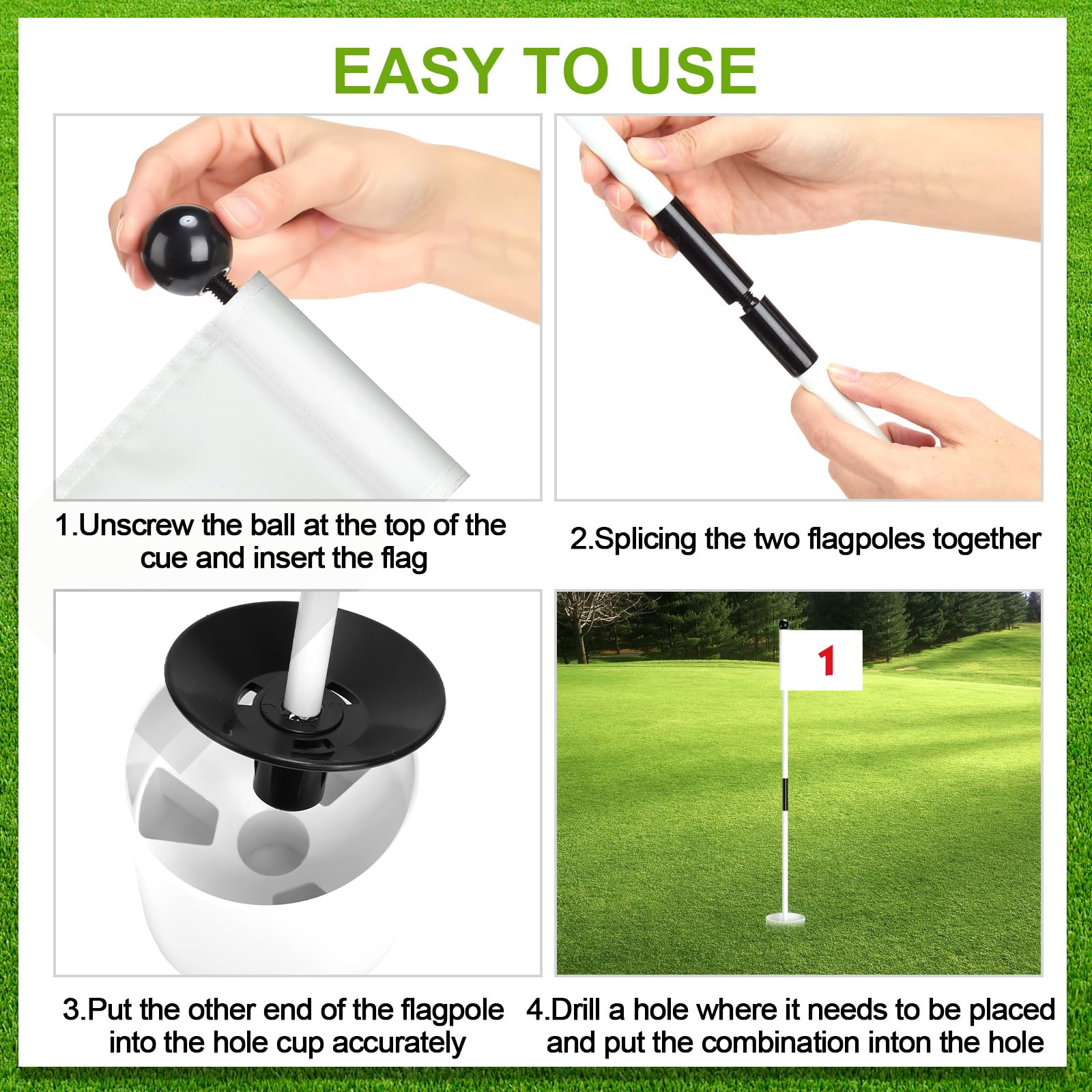 Hungdao 3-Piece Golf Flagstick Set with Nylon Flags & Practice Cups - Portable 2-Section Putting Green Flag Poles for Backyard & Mini Golf Course | Perfect for Home Practice, Outdoor Training & Backyard Games