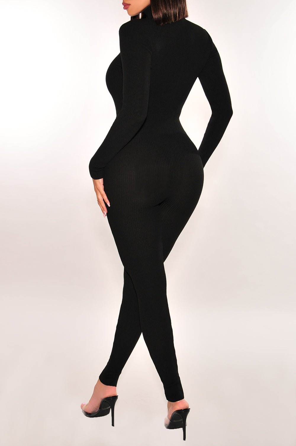 Black Long Sleeve Ribbed Knit Turtleneck Zipper Jumpsuit for Women - Stylish Winter Outfit for Casual Wear, Office & Date Nights
