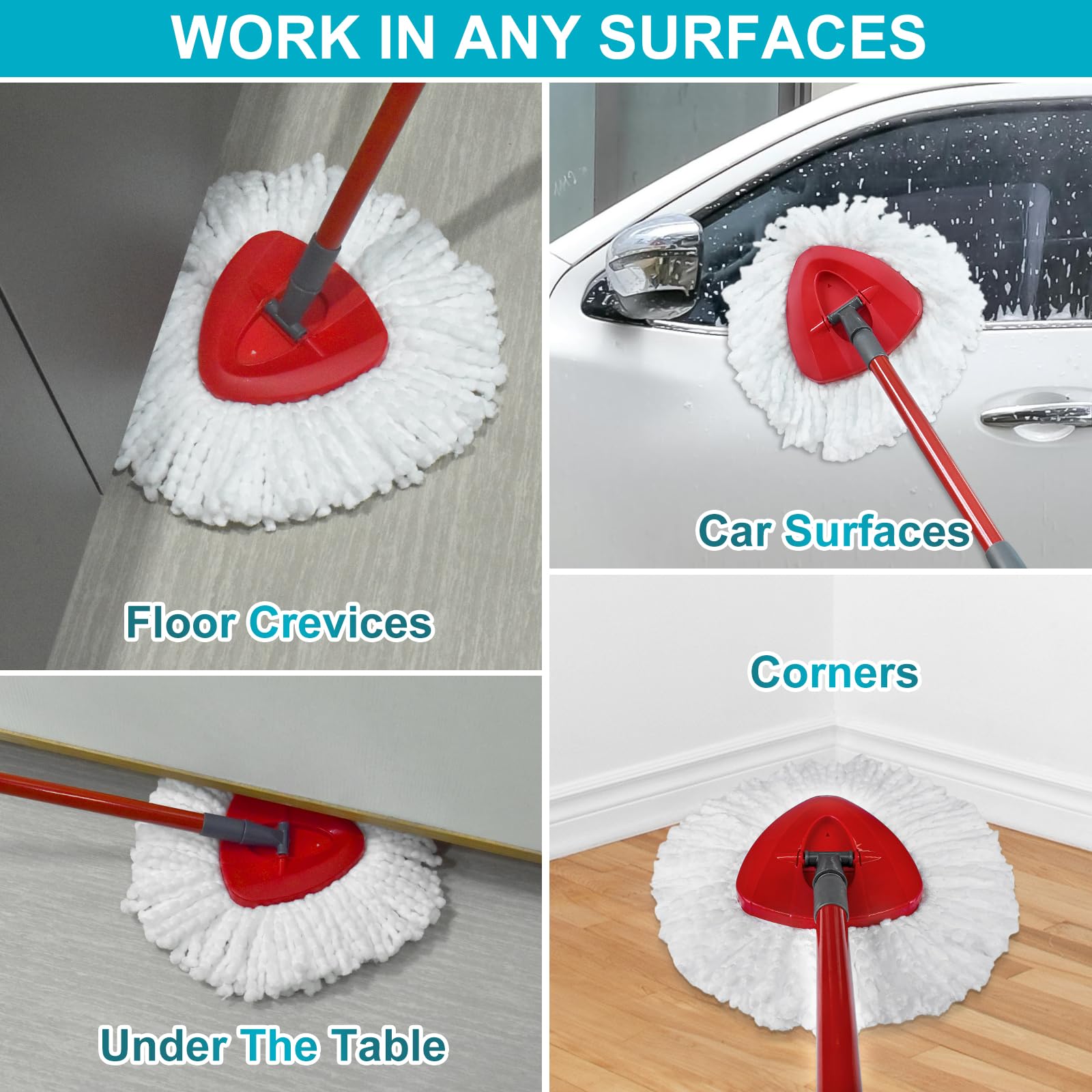 OCeda EasyWring Spin Mop Replacement Parts Set - 2 Microfiber Mop Refills, 4-Section Adjustable 30-58in Iron Handle, Mop Head Cover & Scrubber Head - Compatible with 1 Tank System - Perfect for Hardwood Floors, Tile & Kitchen Cleaning