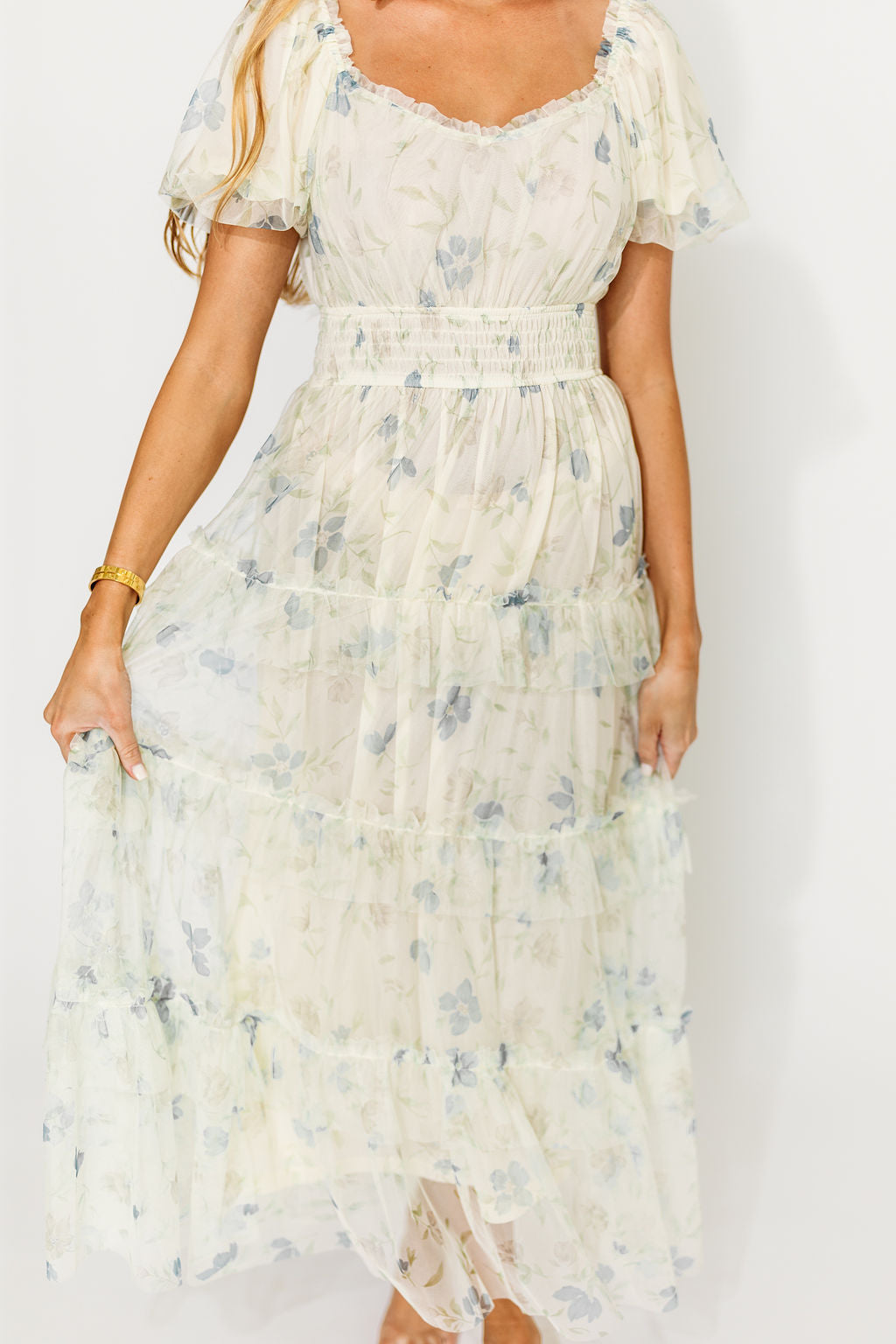 Martha Puff Sleeve Midi Dress in Ivory - Elegant Floral Print Women's Summer Dress for Wedding, Party & Vacation | Breathable Cotton Blend A-Line Dress