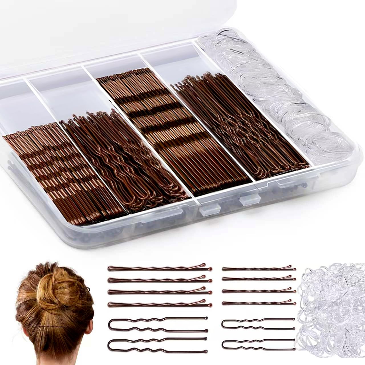 400PCS Premium Brown Bobby Pins for Women - Non-Slip, Pain-Free Hair Pins with Clear Hair Bands & Storage Box - Invisible Hair Accessories for Daily Styling, Updos, and Special Occasions
