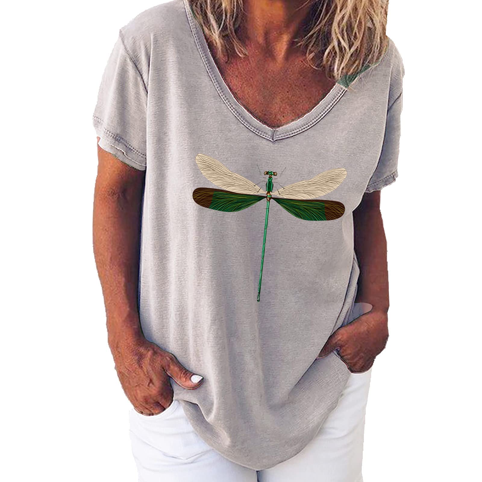 Women's Casual Short Sleeve V-Neck Dragonfly Print T-Shirt - Summer Blouse & Tunic Top for Women - Perfect for Beach Outings, Picnics and Everyday Wear