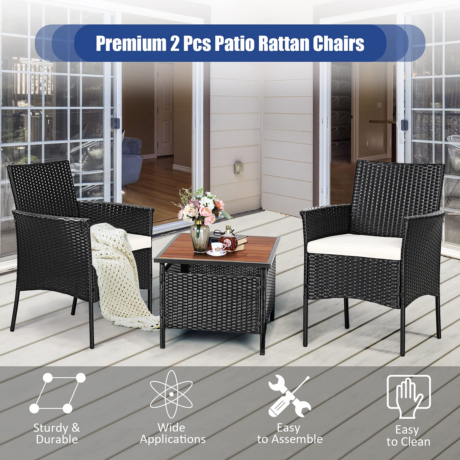 Tangkula 4-Piece Outdoor PE Rattan Patio Chair Set with Removable Cushions - All-Weather Wicker Armchairs for Garden, Poolside, Lawn, Porch & Backyard Dining (Black) | Perfect for Relaxing, Entertaining & Outdoor Gatherings