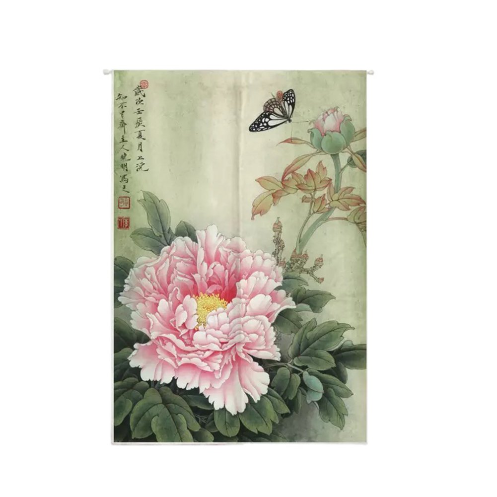Oncefirst Japanese Noren Door Curtain - Linen Tapestry with Peony Design, 35.5