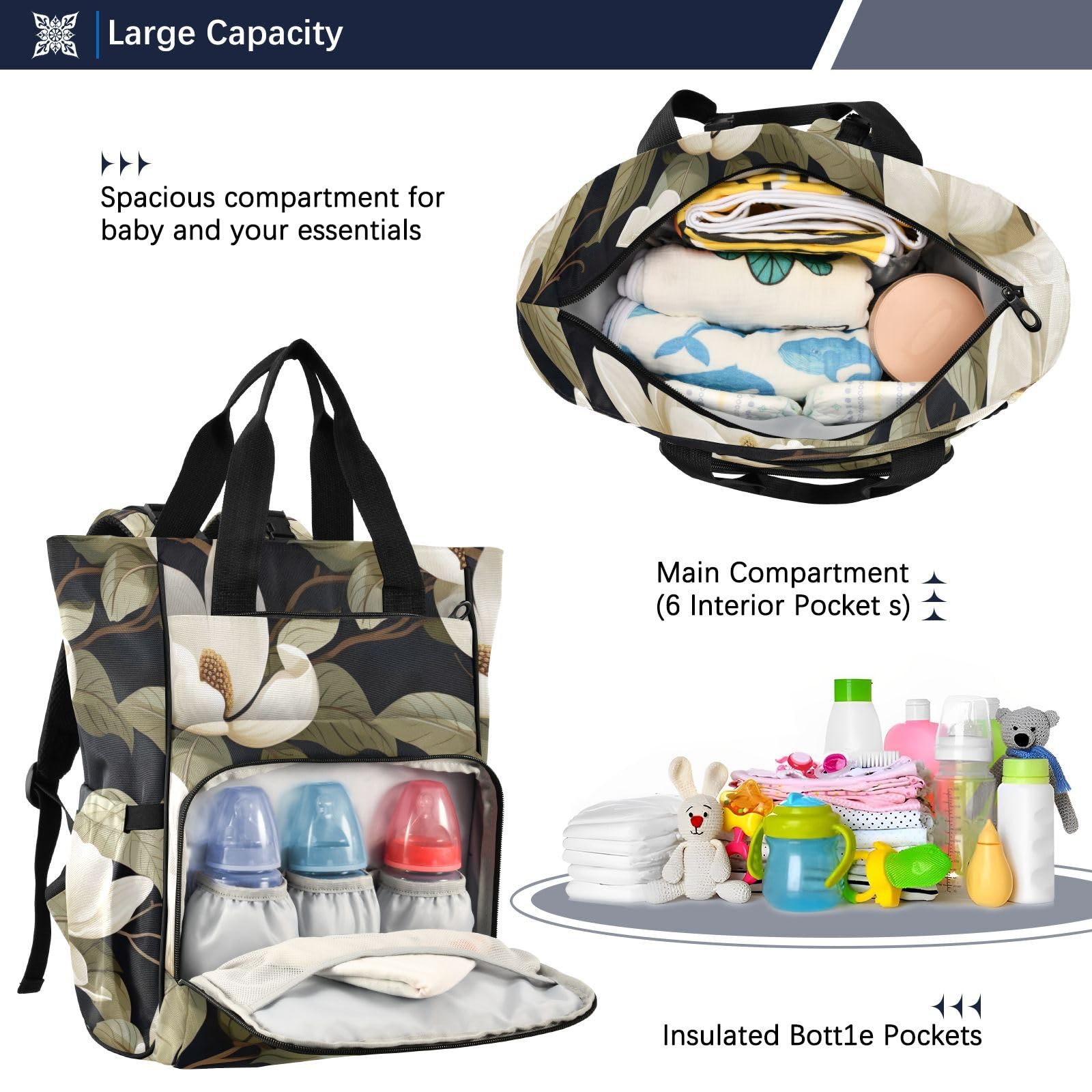 SPRIPORT White Magnolia Flower Diaper Backpack for Baby Boys & Girls - Large Multifunctional Travel Tote with Stroller Straps & Bottle Storage - Perfect for Moms Traveling, Shopping, Hiking & Outdoor Activities