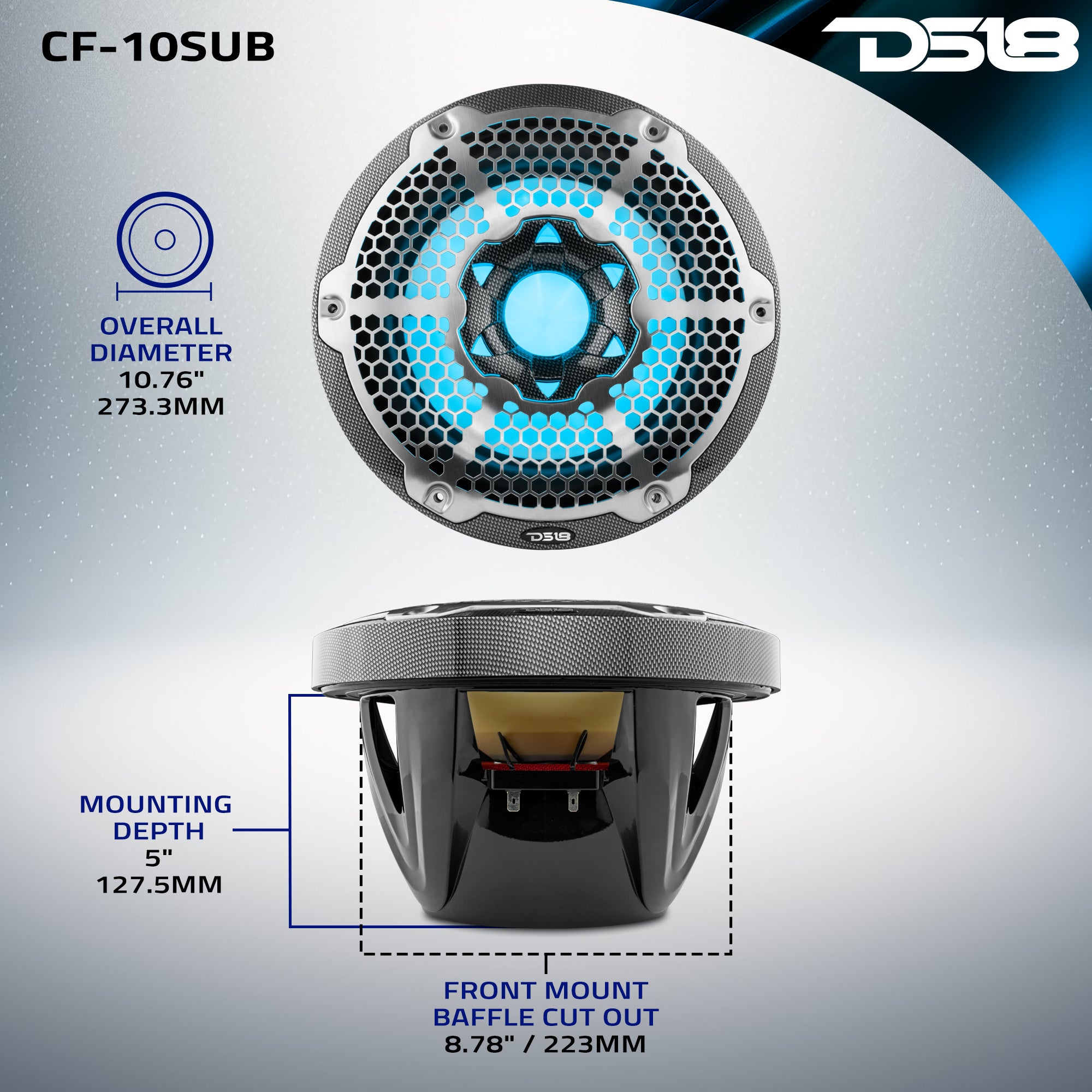 NXL 10 Inch Marine Subwoofer with RGB LED Lights - 300W RMS Power, SVC 4 Ohm, Black Carbon Fiber Design - Perfect for Boats, Yachts, and Outdoor Audio Systems